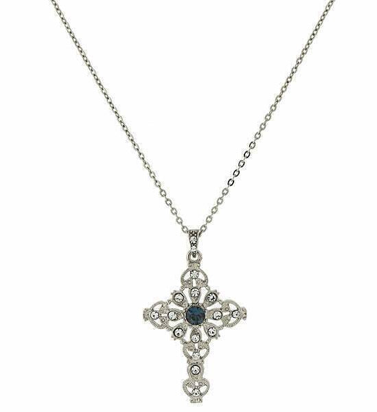 Symbols Of Faith Blue And Crystal Cross Pendant Necklace 16" + 3" Extender