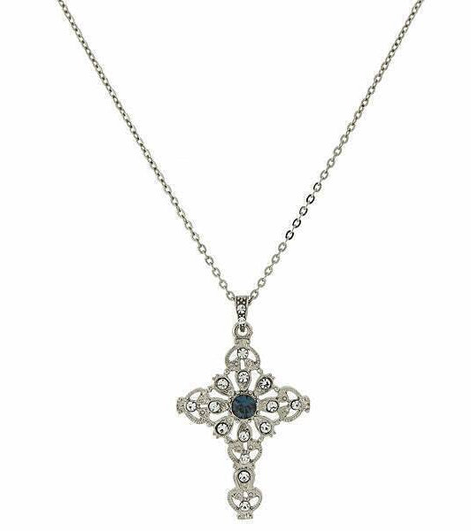 Symbols Of Faith Blue And Crystal Cross Pendant Necklace 16" + 3" Extender