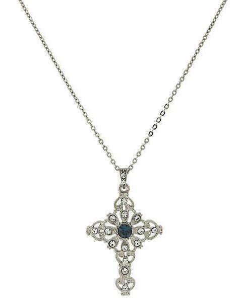 Symbols Of Faith Blue And Crystal Cross Pendant Necklace 16" + 3" Extender