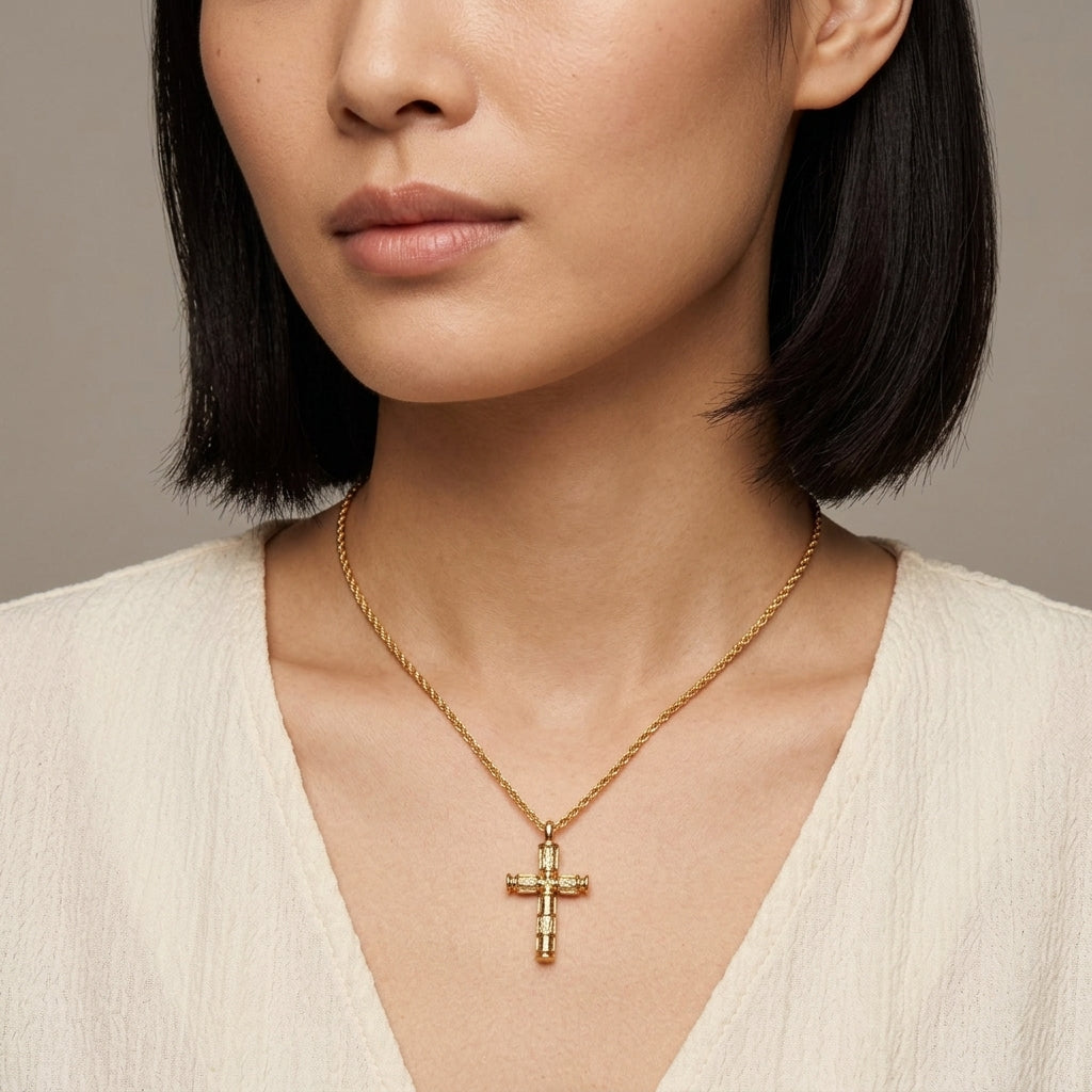 Close-up of a person wearing a gold necklace with a cross pendant against a neutral background