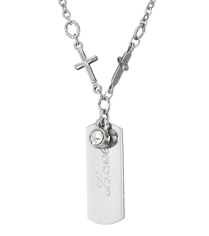 Symbols Of Faith Round Crystal And Inspirational Tag Cross Pendant Necklace 20"