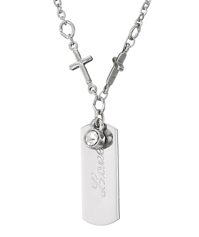 Symbols Of Faith Round Crystal And Inspirational Tag Cross Pendant Necklace 20"