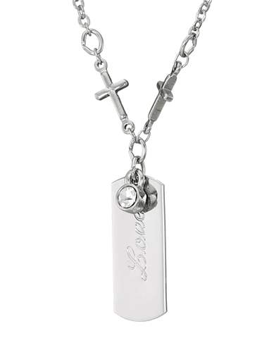 Symbols Of Faith Round Crystal And Inspirational Tag Cross Pendant Necklace 20"