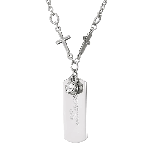 Symbols Of Faith Round Crystal And Inspirational Tag Cross Pendant Necklace 20"