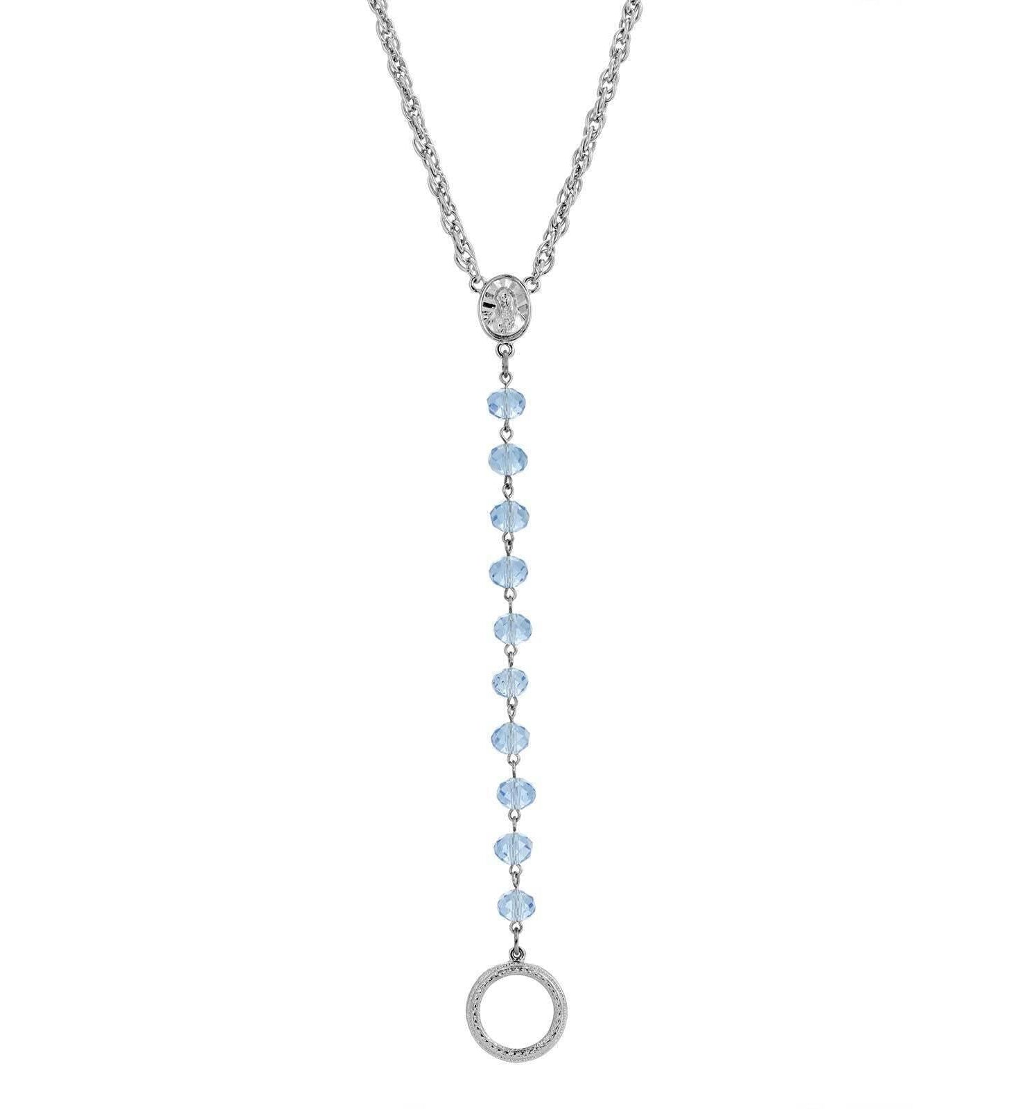 Symbols Of Faith Mary Medallion Crystal Rosary Badge And Eyeglass Holder Y-Necklace 16" + 3" Extender