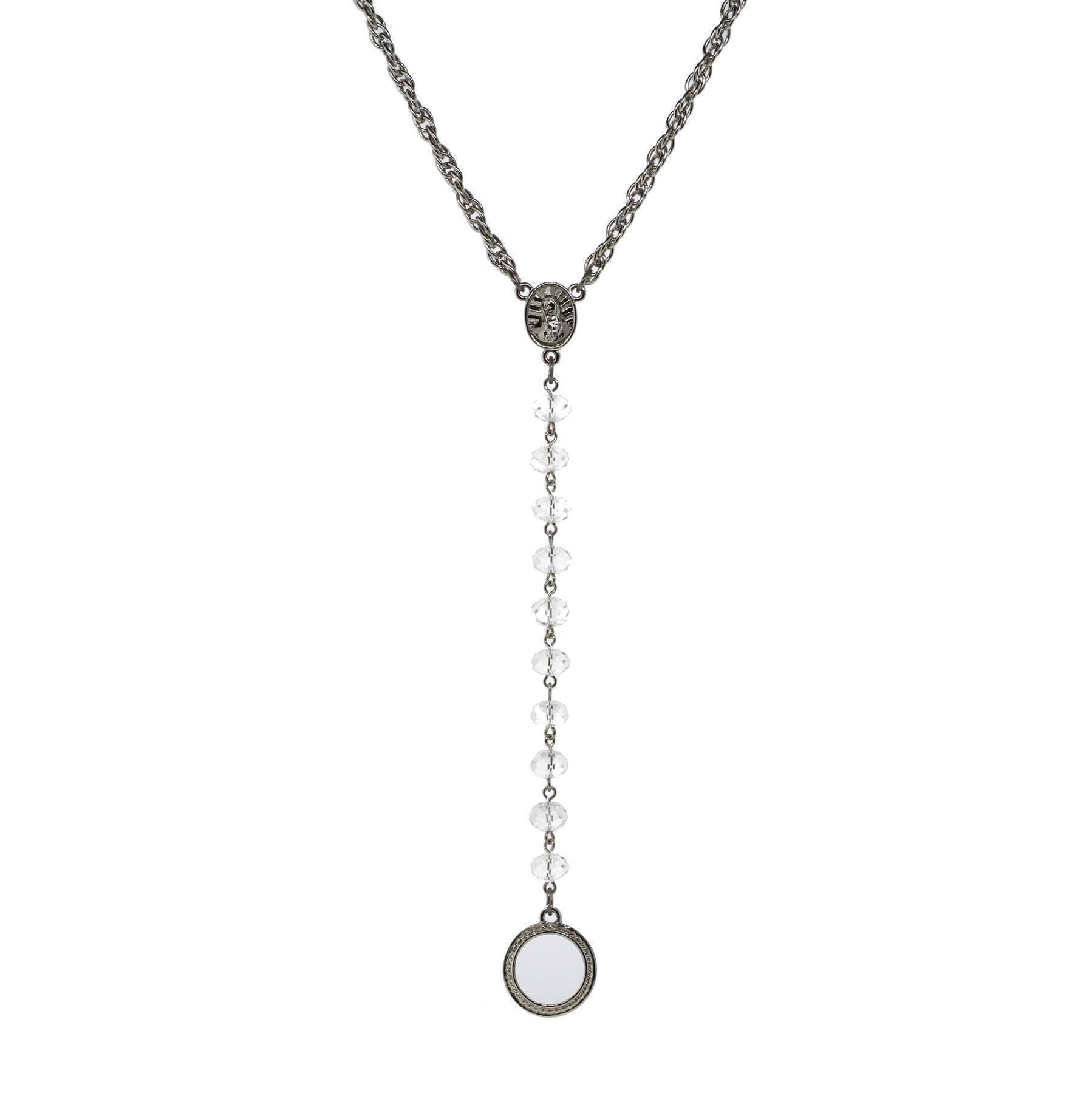 Symbols Of Faith Mary Medallion Crystal Rosary Badge And Eyeglass Holder Y-Necklace 16" + 3" Extender