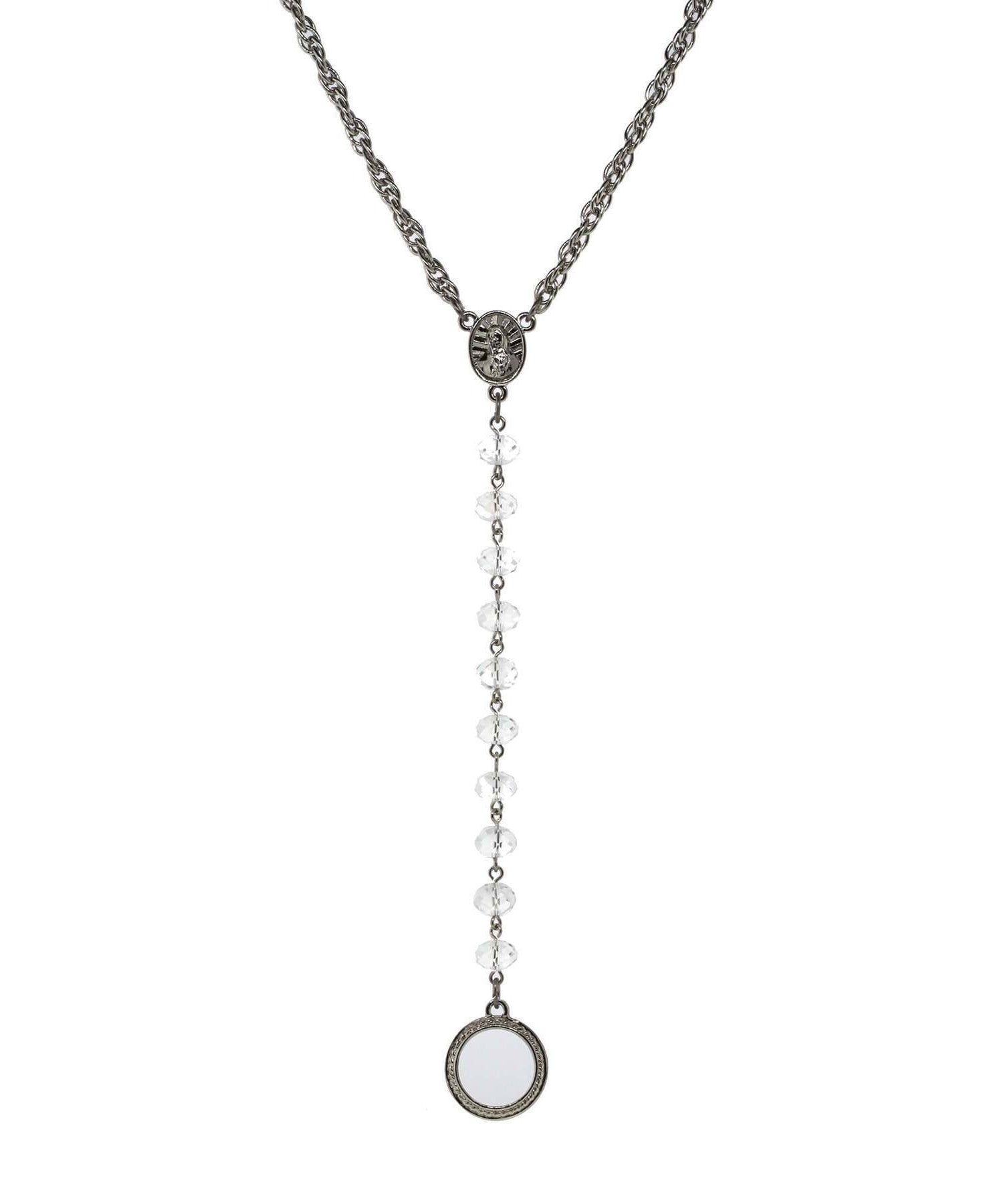 Symbols Of Faith Mary Medallion Crystal Rosary Badge And Eyeglass Holder Y-Necklace 16" + 3" Extender