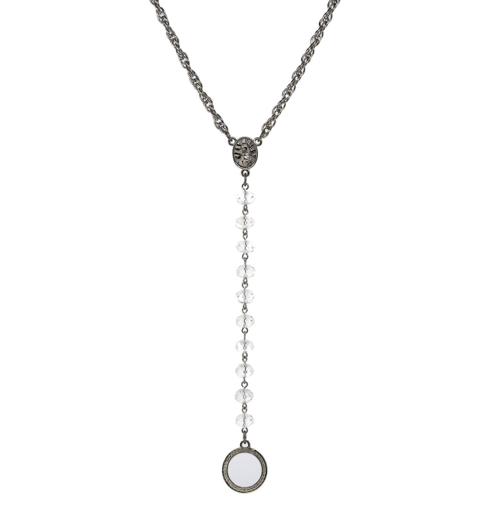 Symbols Of Faith Mary Medallion Crystal Rosary Badge And Eyeglass Holder Y-Necklace 16" + 3" Extender