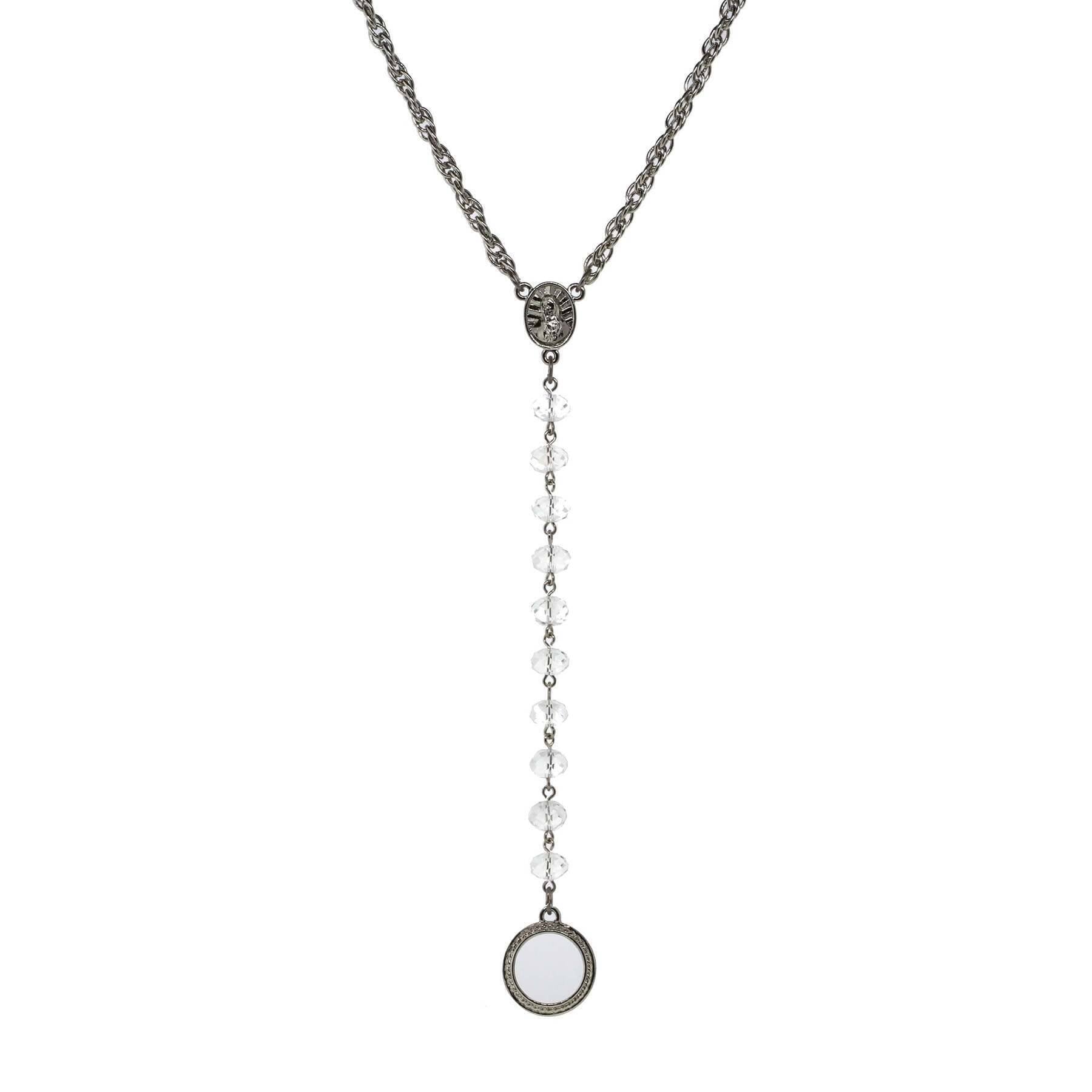 Symbols Of Faith Mary Medallion Crystal Rosary Badge And Eyeglass Holder Y-Necklace 16" + 3" Extender