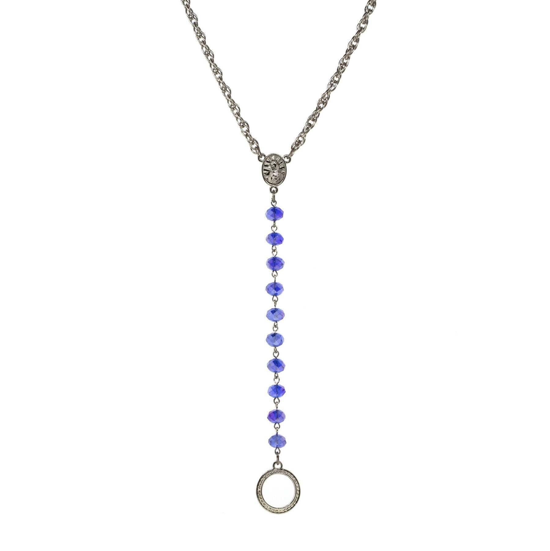 Symbols Of Faith Mary Medallion Crystal Rosary Badge And Eyeglass Holder Y-Necklace 16" + 3" Extender