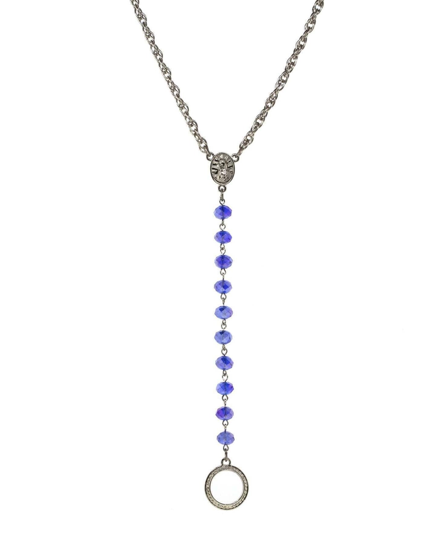 Symbols Of Faith Mary Medallion Crystal Rosary Badge And Eyeglass Holder Y-Necklace 16" + 3" Extender