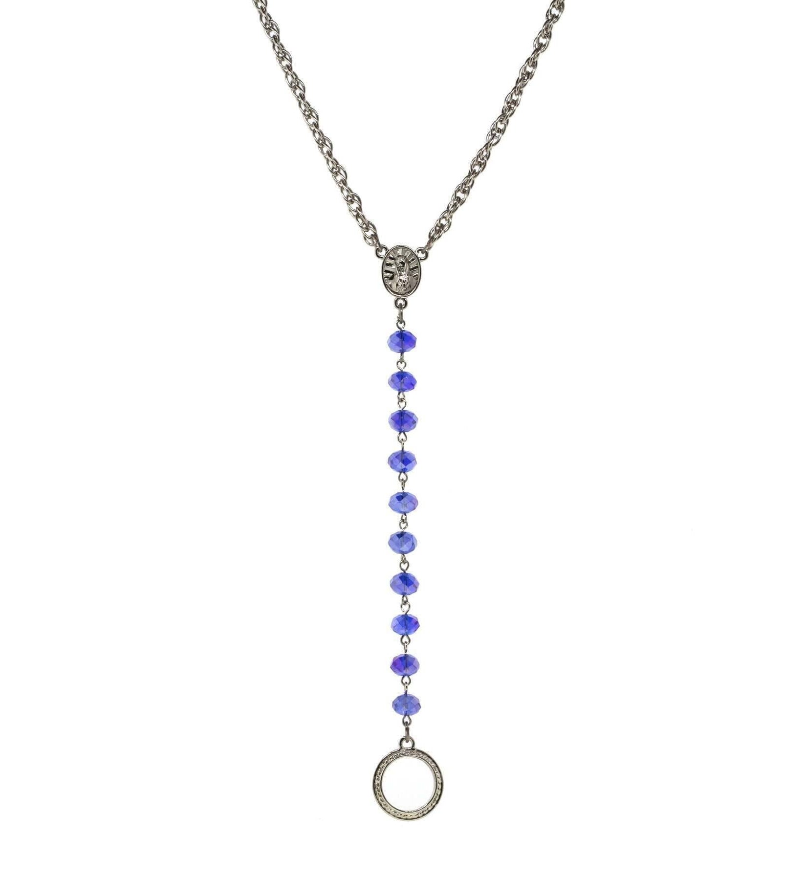 Symbols Of Faith Mary Medallion Crystal Rosary Badge And Eyeglass Holder Y-Necklace 16" + 3" Extender