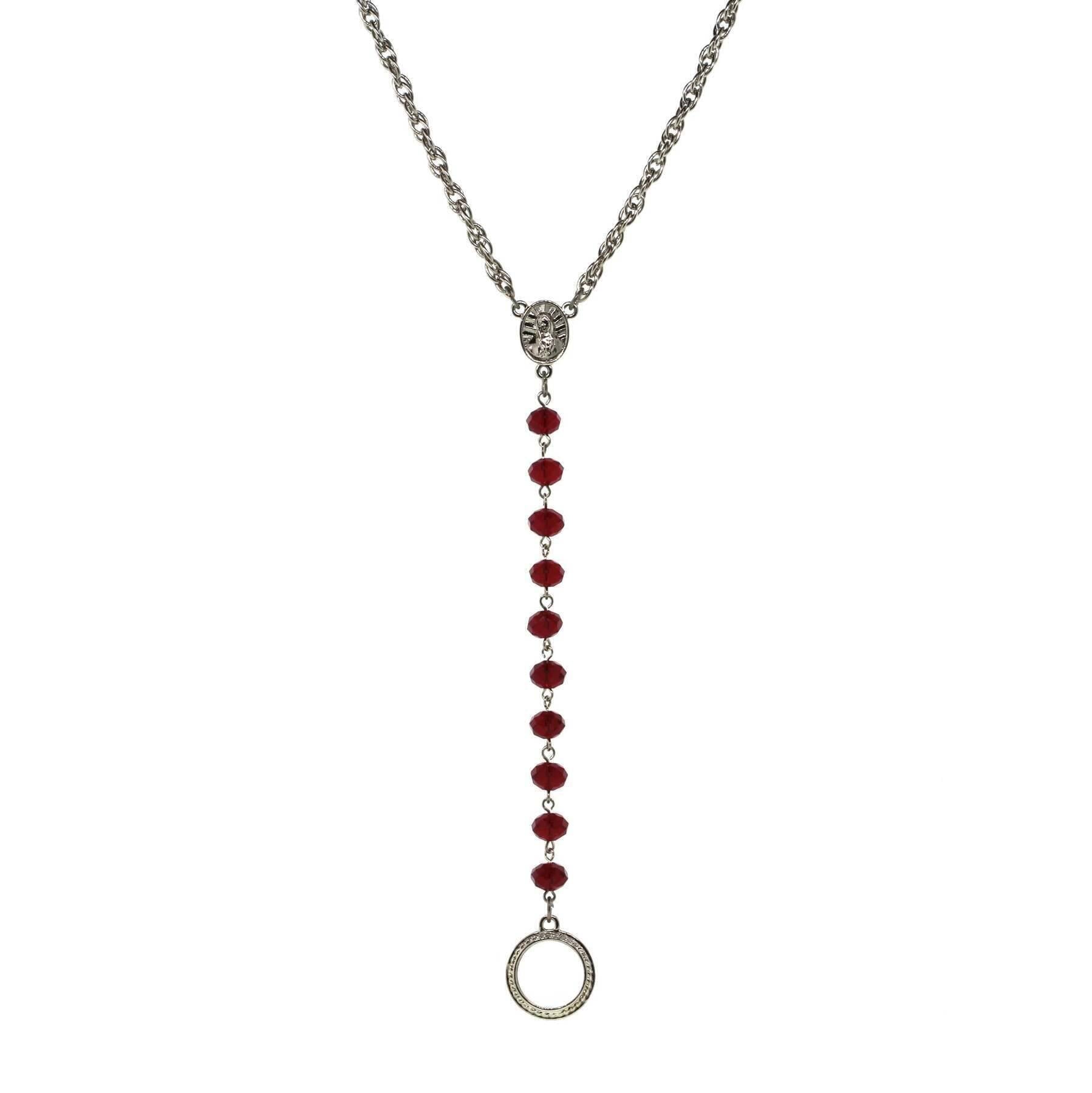 Symbols Of Faith Mary Medallion Crystal Rosary Badge And Eyeglass Holder Y-Necklace 16" + 3" Extender