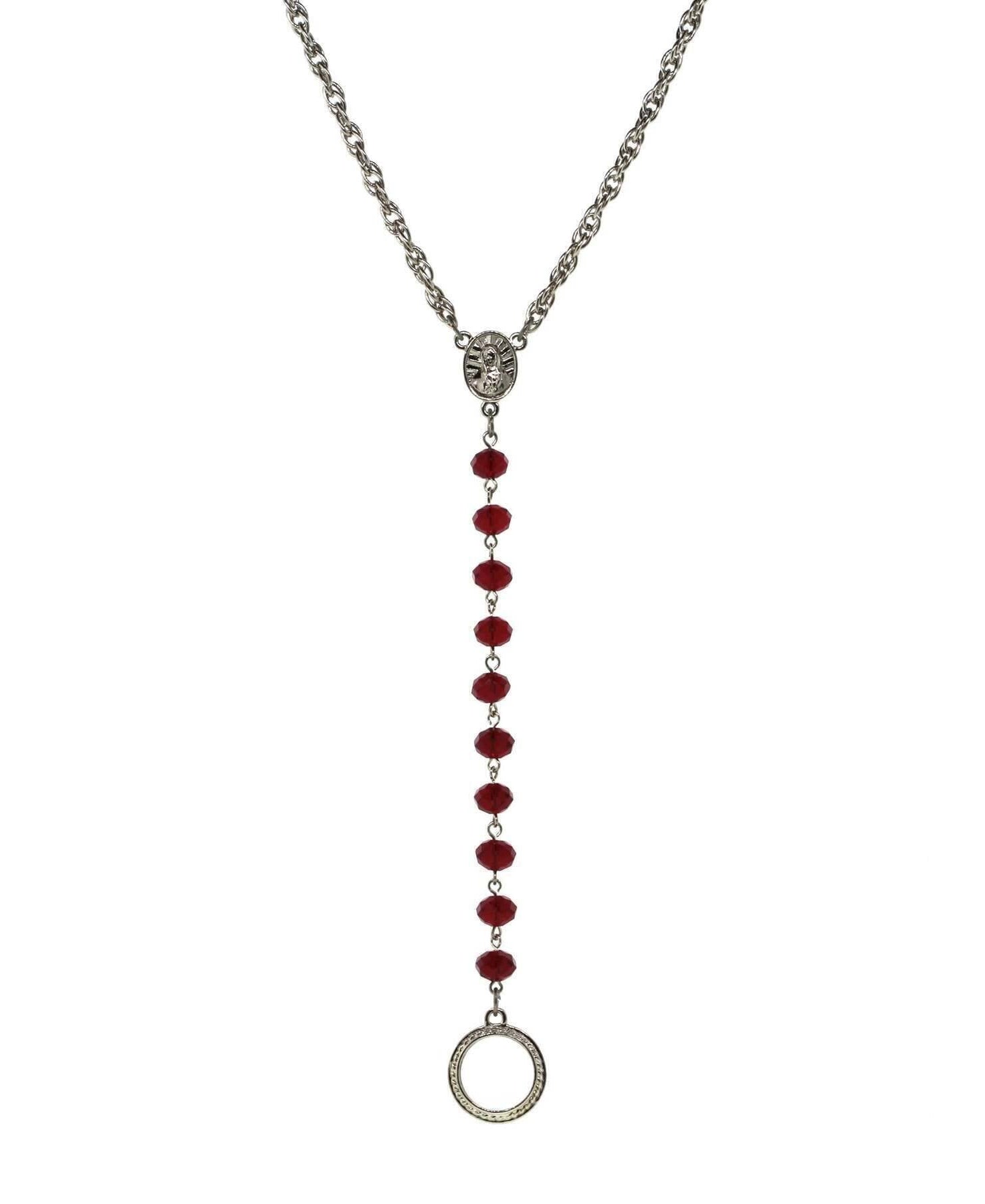 Symbols Of Faith Mary Medallion Crystal Rosary Badge And Eyeglass Holder Y-Necklace 16" + 3" Extender