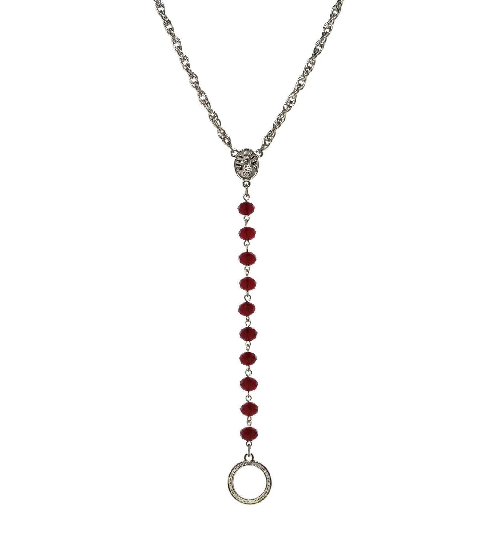 Symbols Of Faith Mary Medallion Crystal Rosary Badge And Eyeglass Holder Y-Necklace 16" + 3" Extender