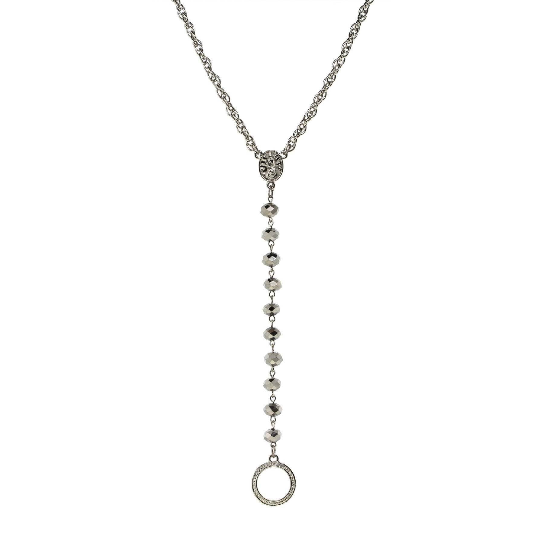 Symbols Of Faith Mary Medallion Crystal Rosary Badge And Eyeglass Holder Y-Necklace 16" + 3" Extender