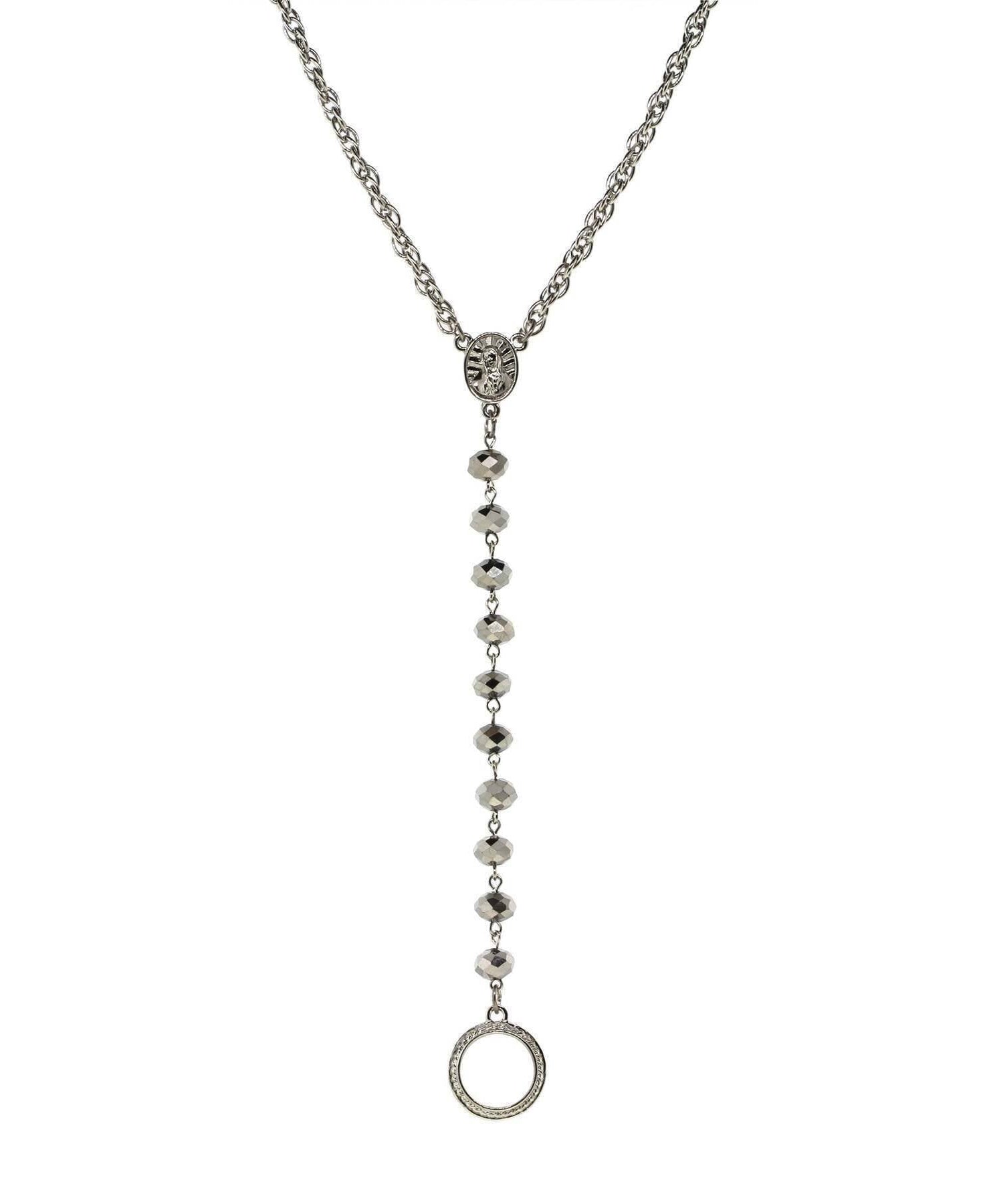 Symbols Of Faith Mary Medallion Crystal Rosary Badge And Eyeglass Holder Y-Necklace 16" + 3" Extender