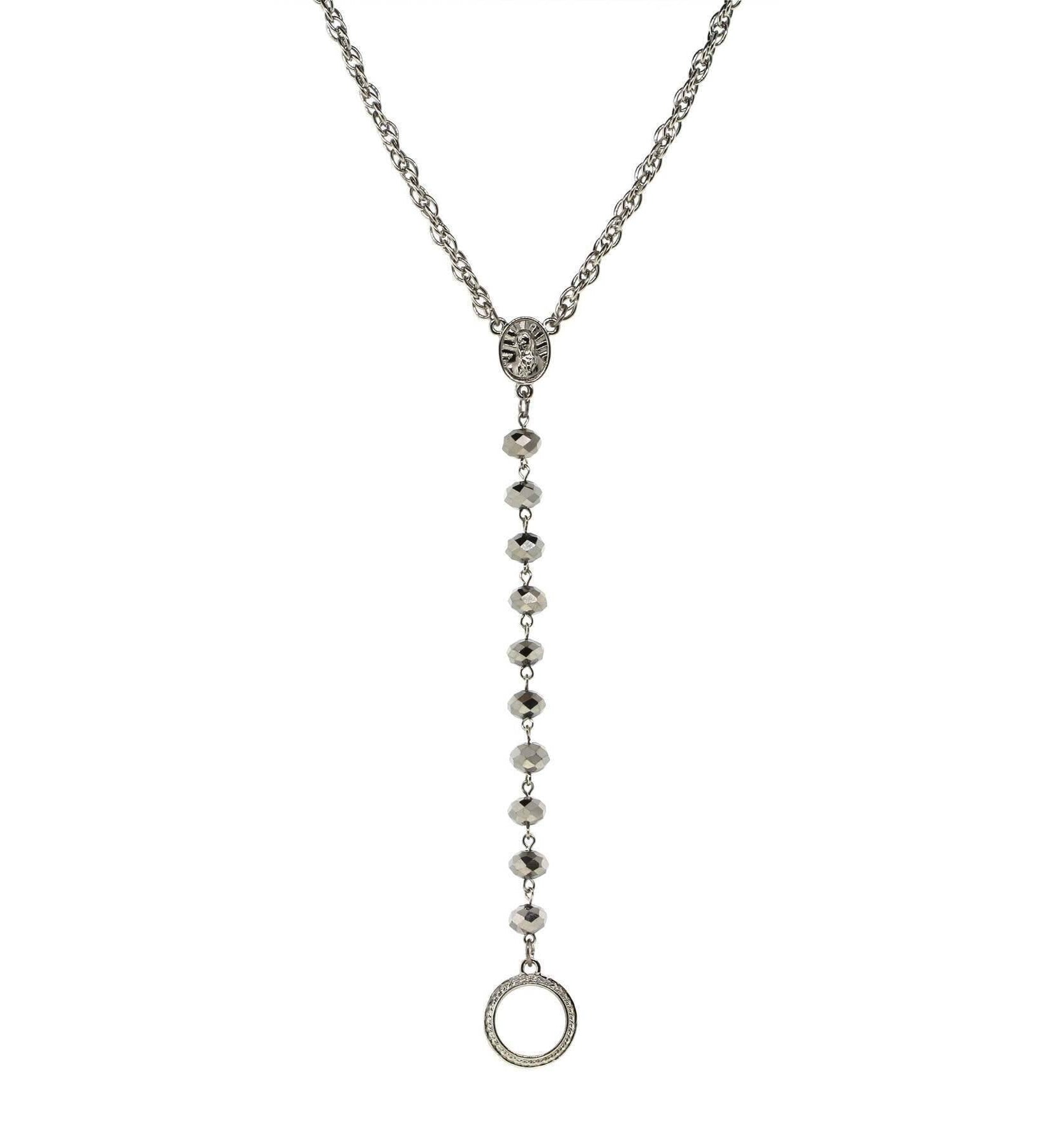 Symbols Of Faith Mary Medallion Crystal Rosary Badge And Eyeglass Holder Y-Necklace 16" + 3" Extender