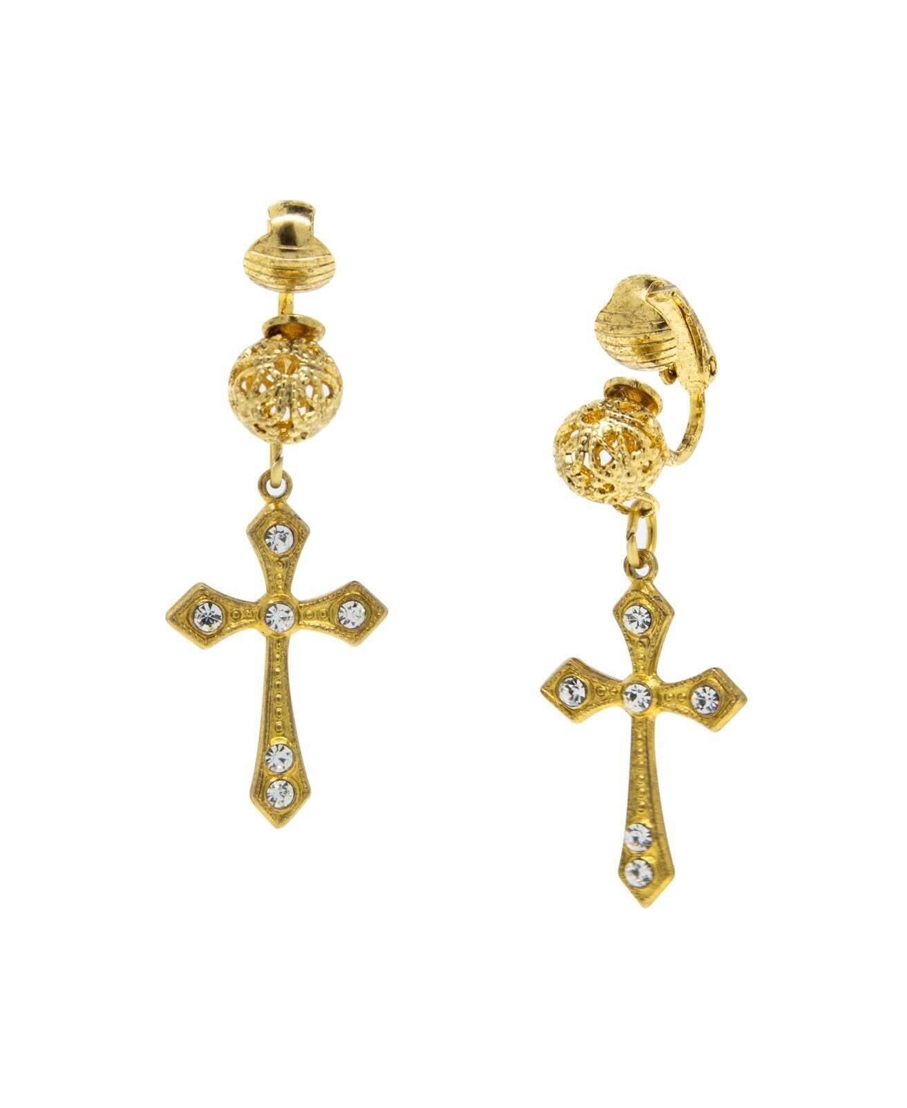 Symbols Of Faith Crystal Cross Filigree Puff Ball Clip On Earrings