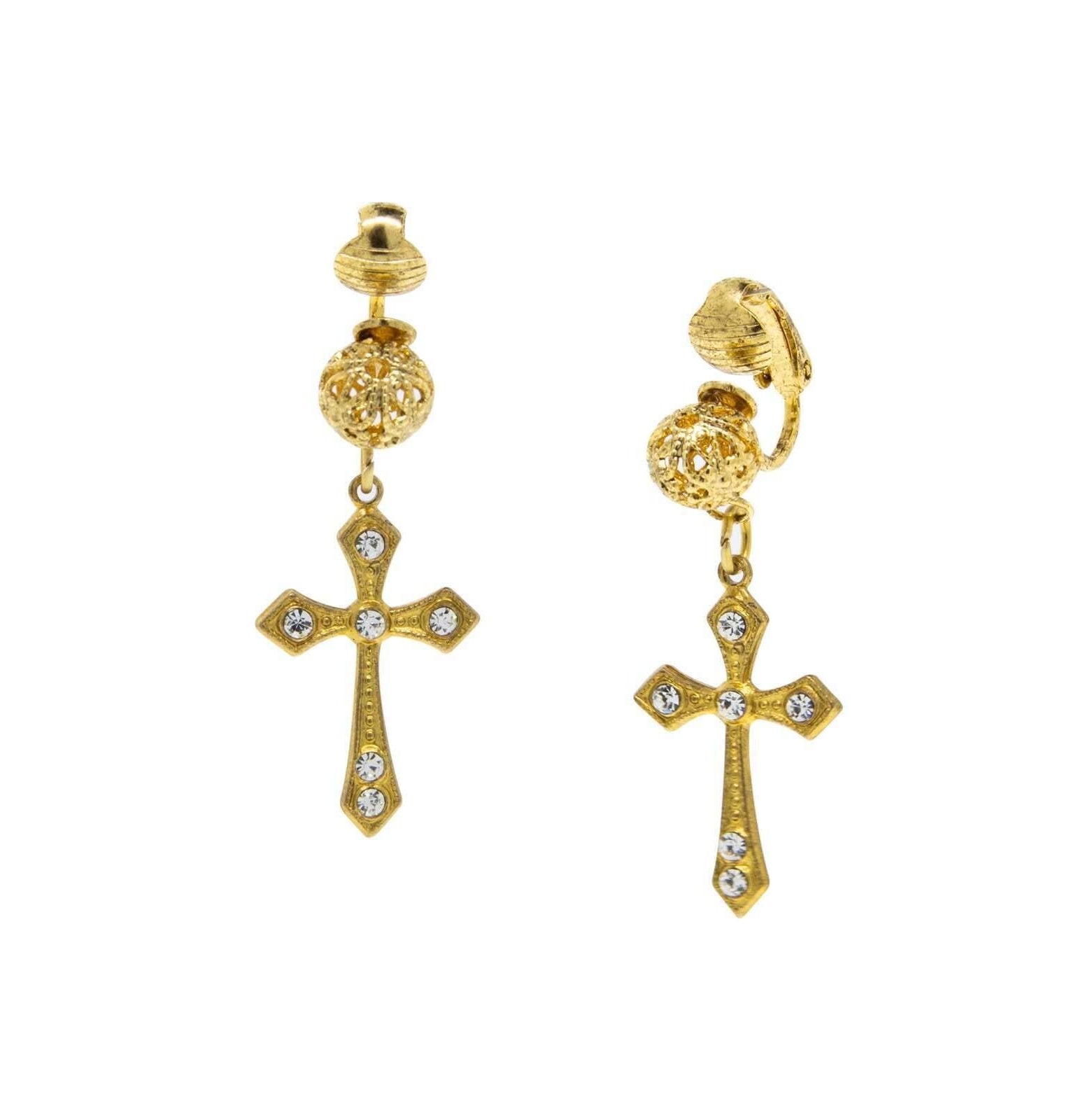 Symbols Of Faith Crystal Cross Filigree Puff Ball Clip On Earrings