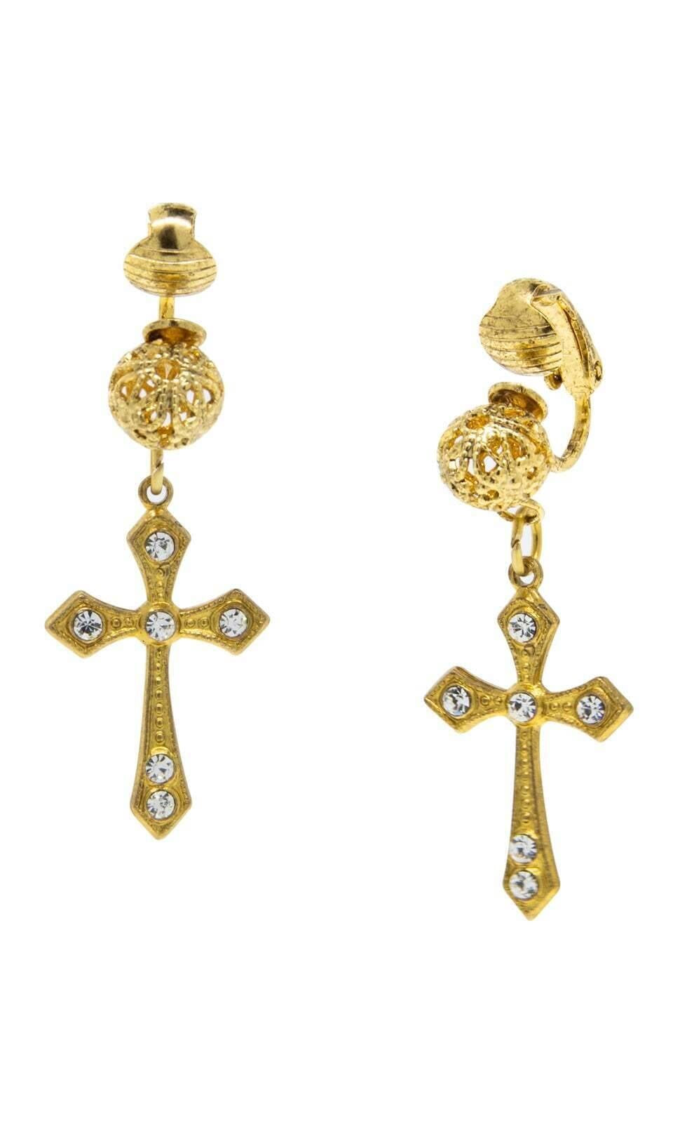 Symbols Of Faith Crystal Cross Filigree Puff Ball Clip On Earrings
