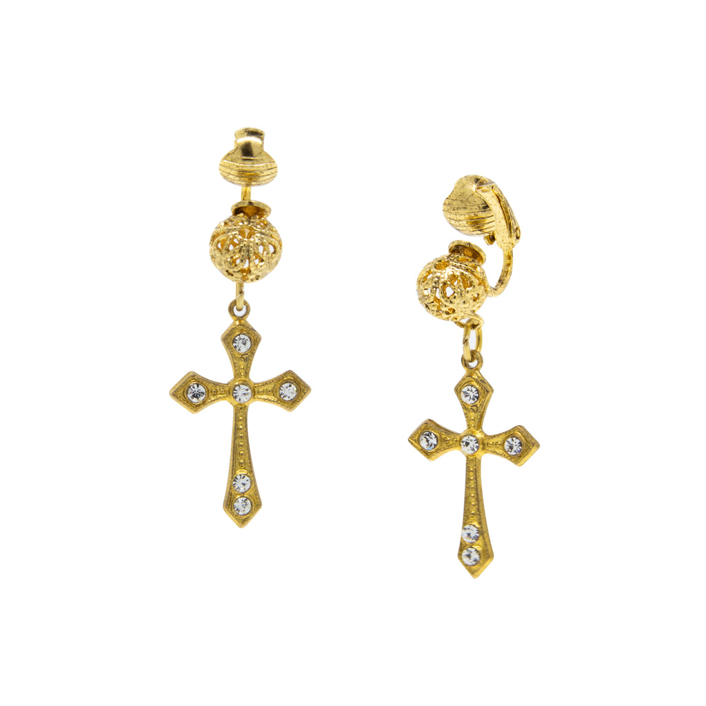 Symbols Of Faith Crystal Cross Filigree Puff Ball Clip On Earrings