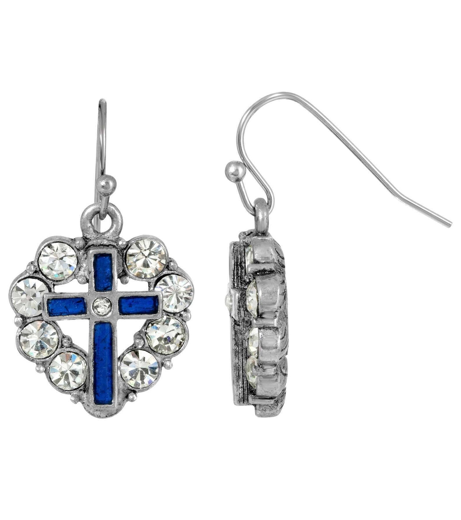 Symbols of Faith Pewter Heart Shaped Crystal Stones & Enamel Cross Earrings