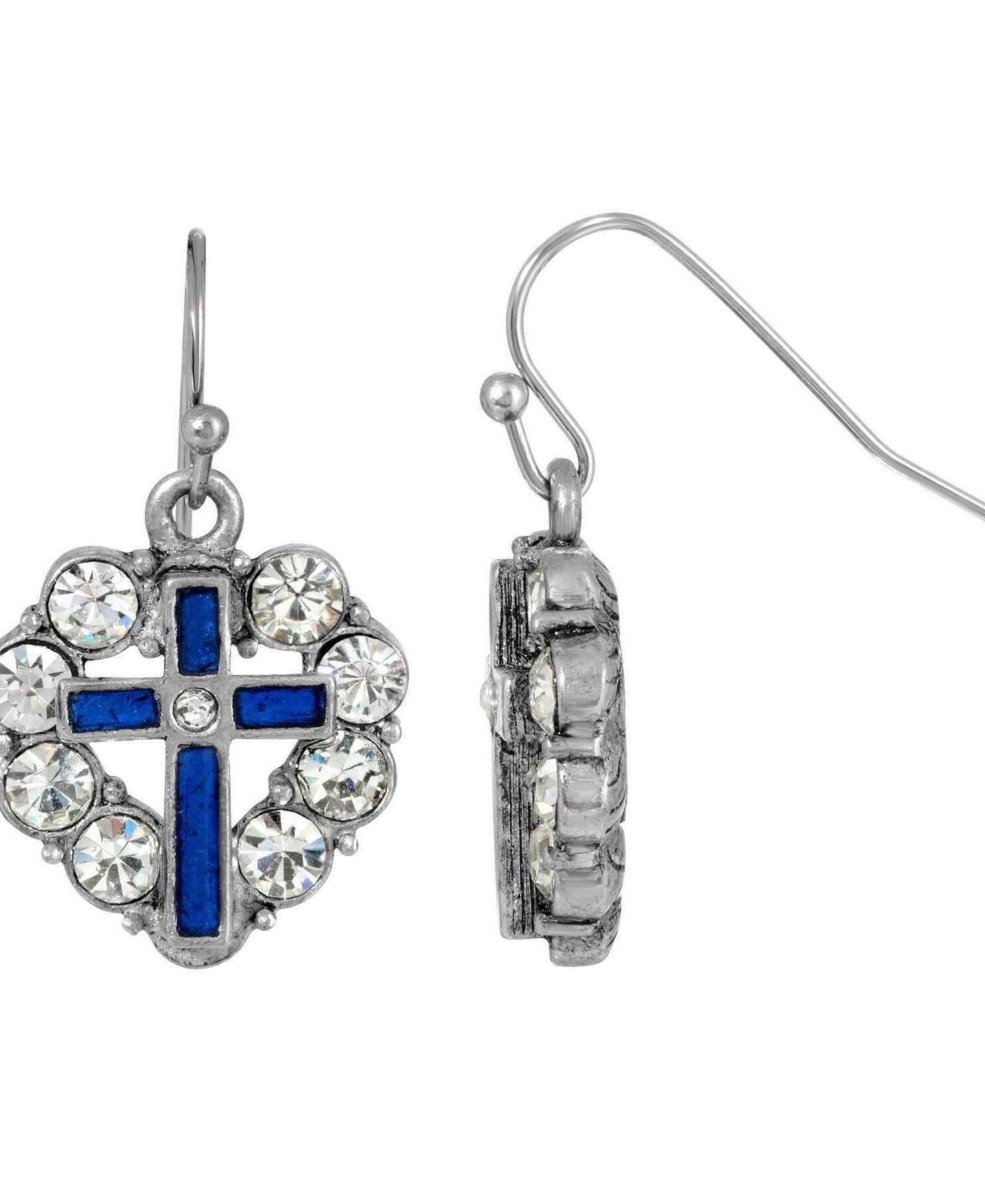 Symbols of Faith Pewter Heart Shaped Crystal Stones & Enamel Cross Earrings