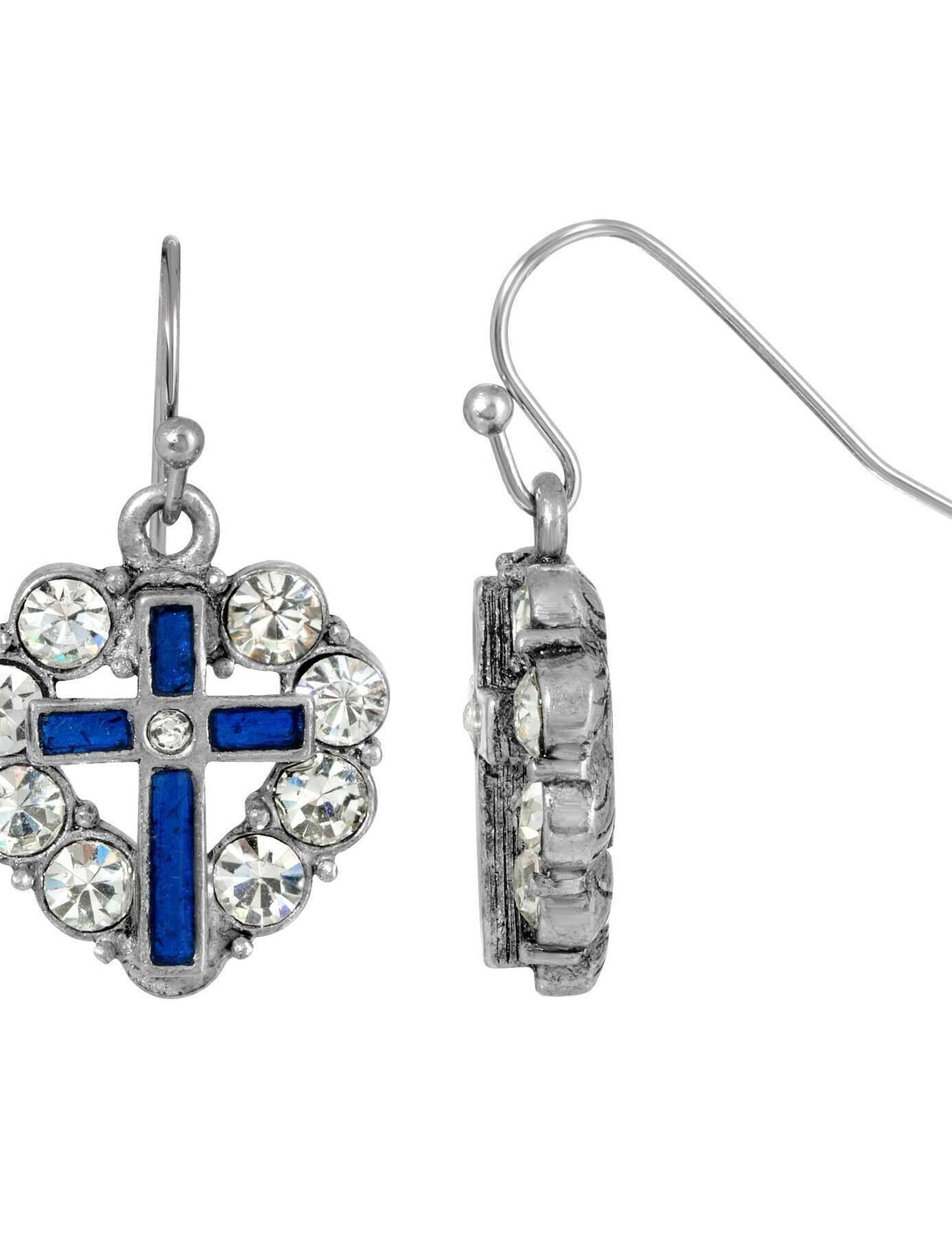 Symbols of Faith Pewter Heart Shaped Crystal Stones & Enamel Cross Earrings