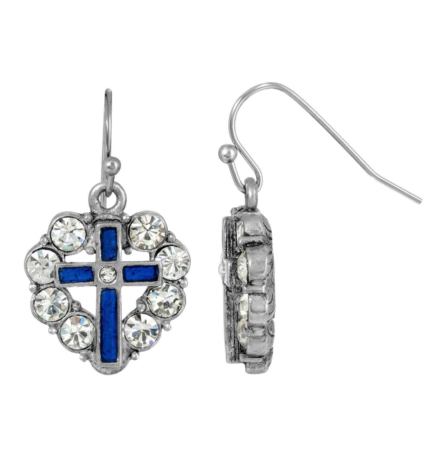 Symbols of Faith Pewter Heart Shaped Crystal Stones & Enamel Cross Earrings