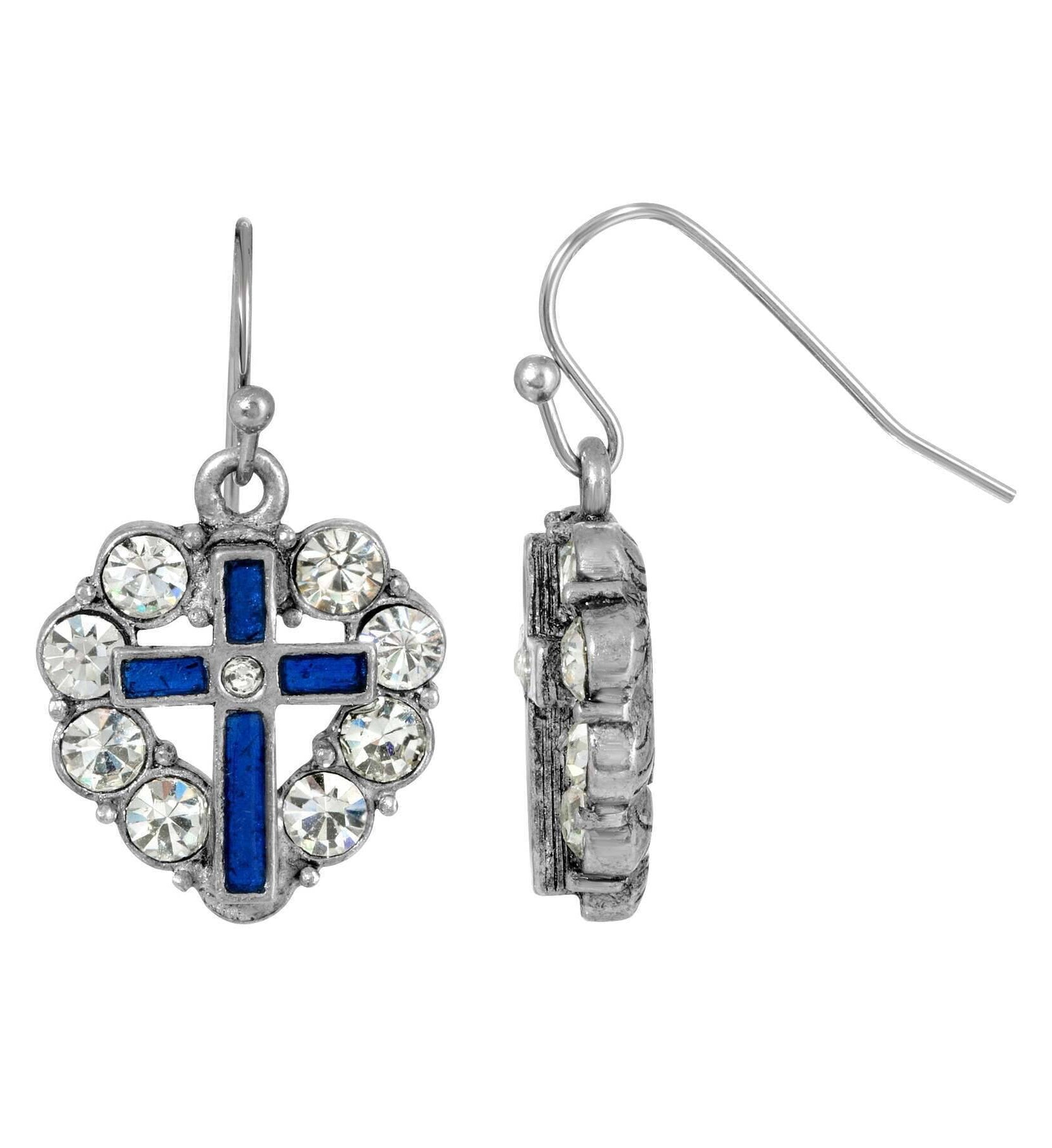 Symbols of Faith Pewter Heart Shaped Crystal Stones & Enamel Cross Earrings