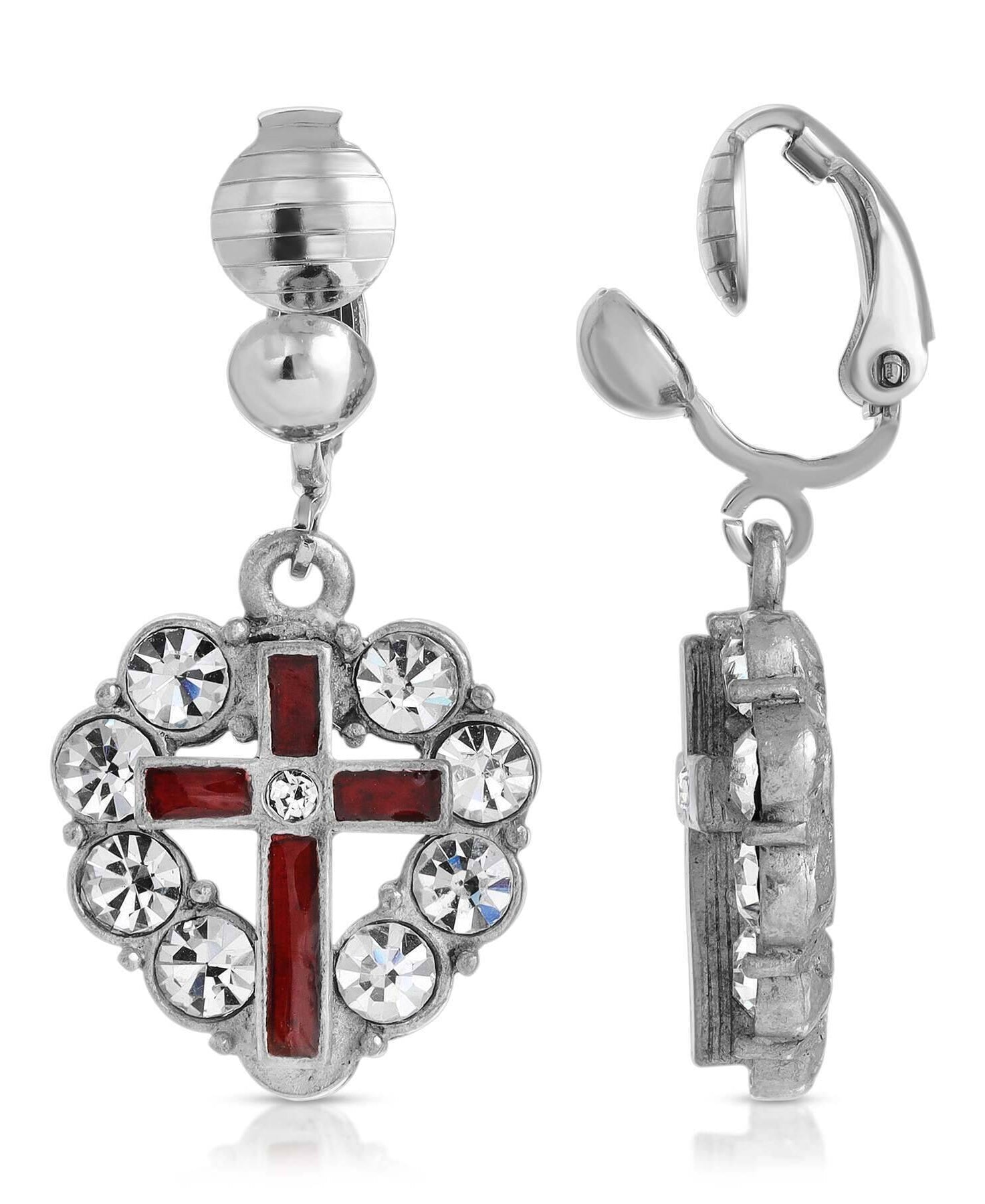Symbols Of Faith Enamel Cross Crystal Heart Clip On Earrings