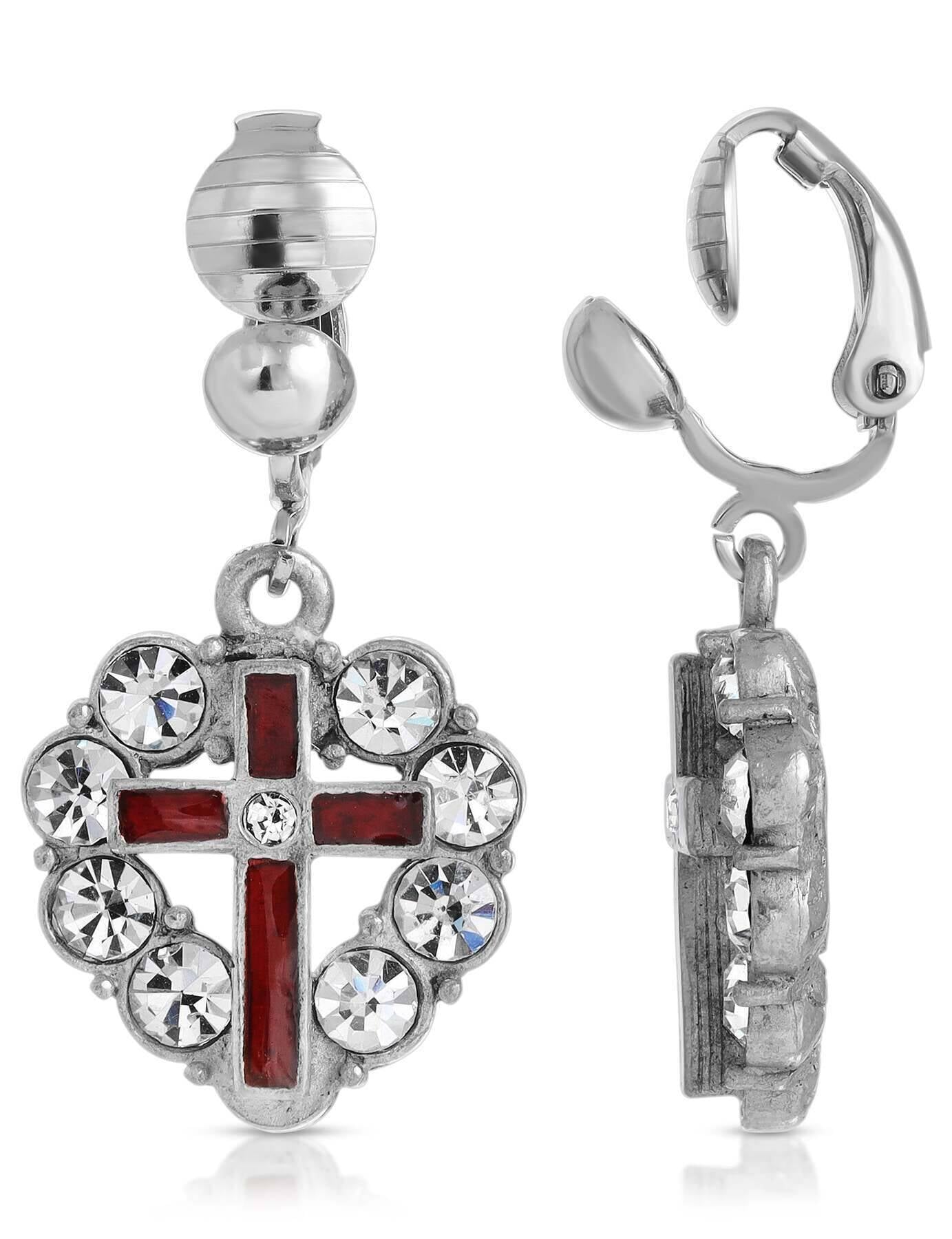 Symbols Of Faith Enamel Cross Crystal Heart Clip On Earrings