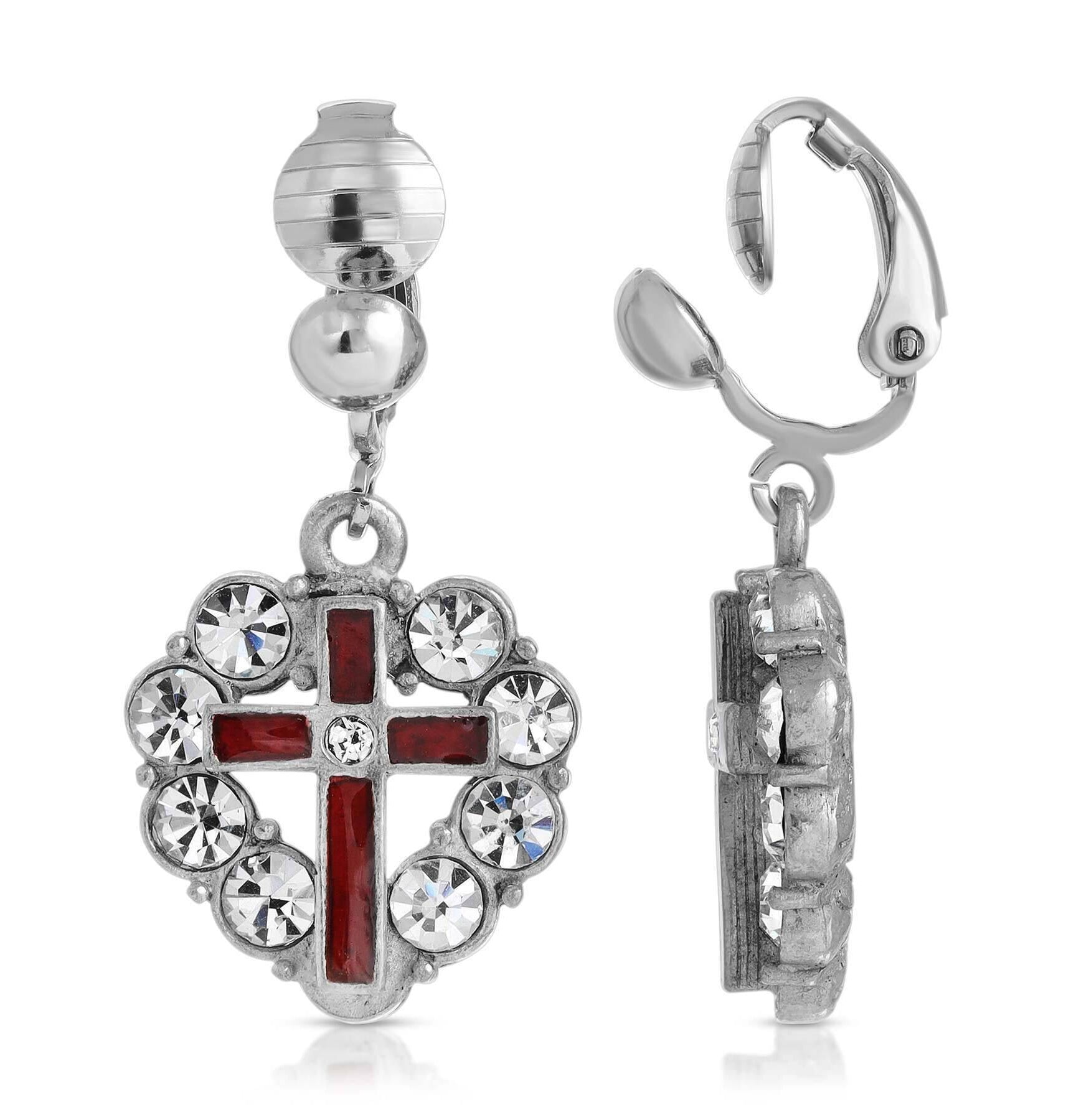 Symbols Of Faith Enamel Cross Crystal Heart Clip On Earrings
