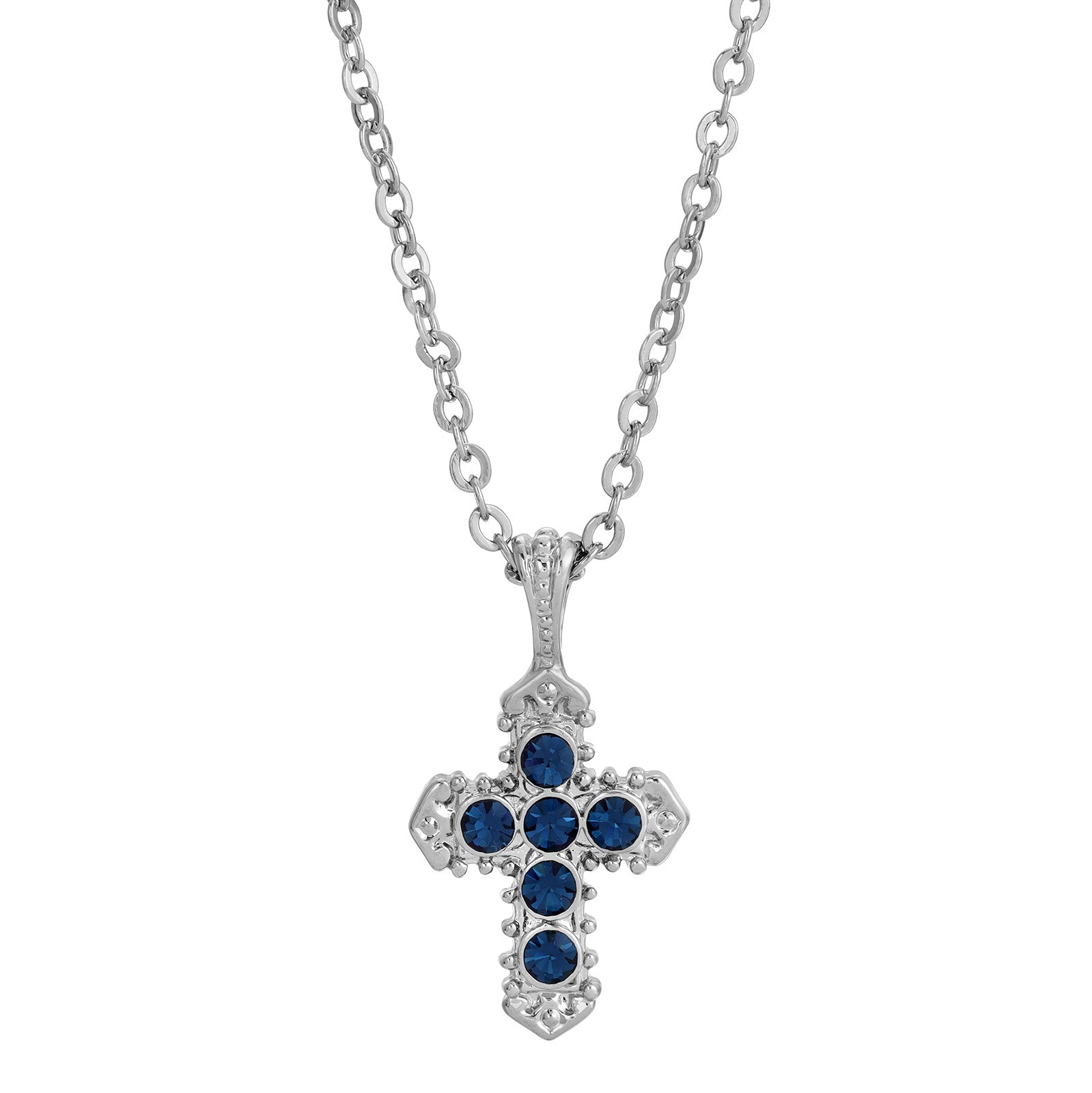 Symbols Of Faith Blue Crystal Cross Pendant Necklace 16" + 3" Extender