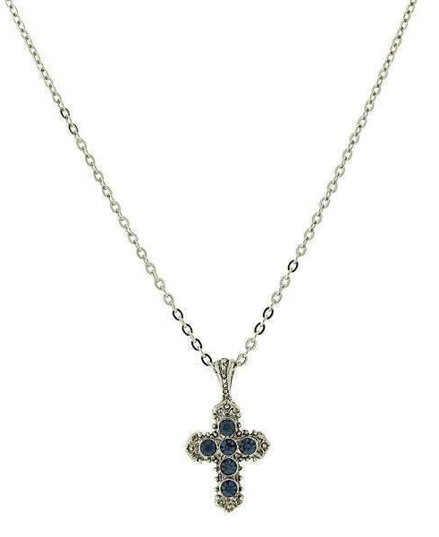 Symbols Of Faith Blue Crystal Cross Pendant Necklace 16" + 3" Extender