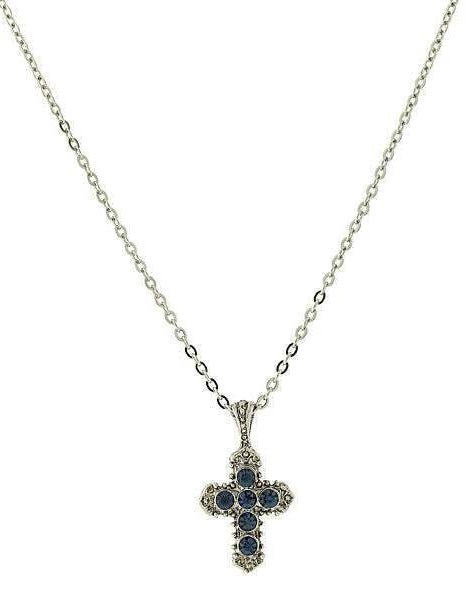 Symbols Of Faith Blue Crystal Cross Pendant Necklace 16" + 3" Extender