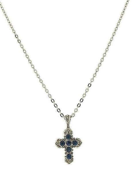 Symbols Of Faith Blue Crystal Cross Pendant Necklace 16" + 3" Extender