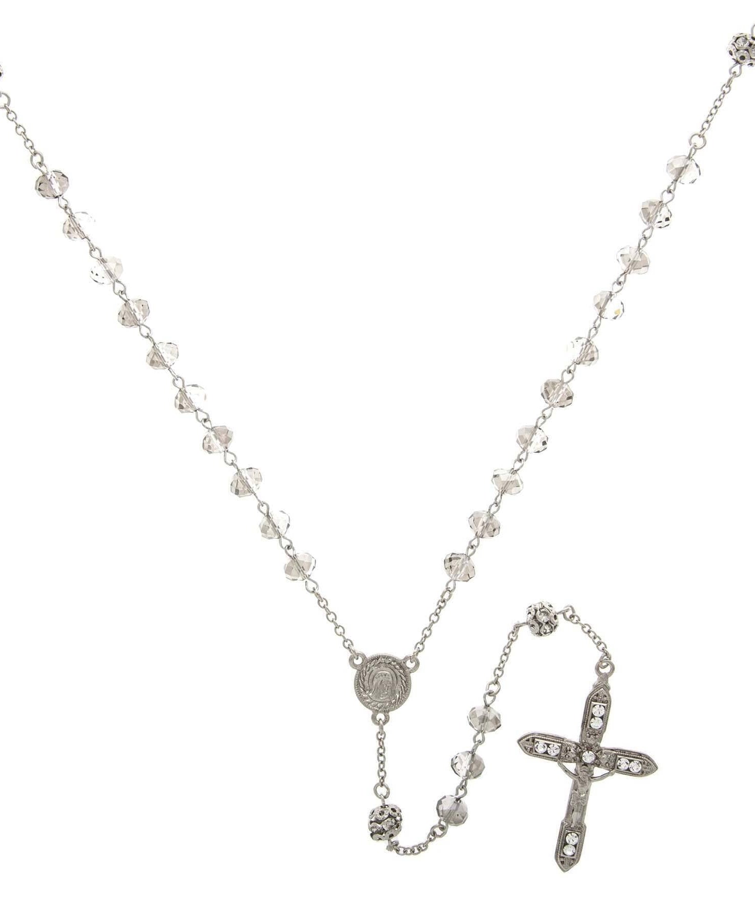 Symbols Of Faith Mary & Crucifix Black Diamond Round Crystal Beaded Rosary