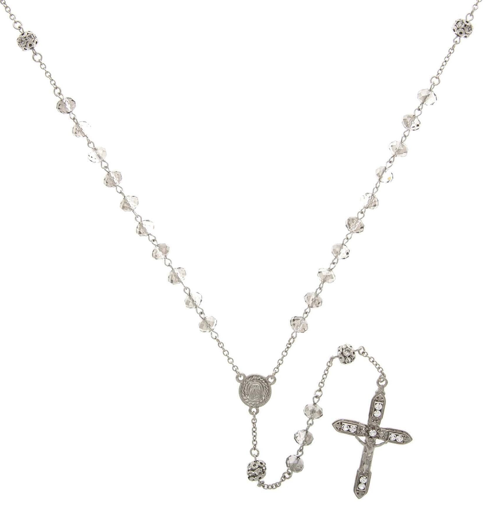 Symbols Of Faith Mary & Crucifix Black Diamond Round Crystal Beaded Rosary