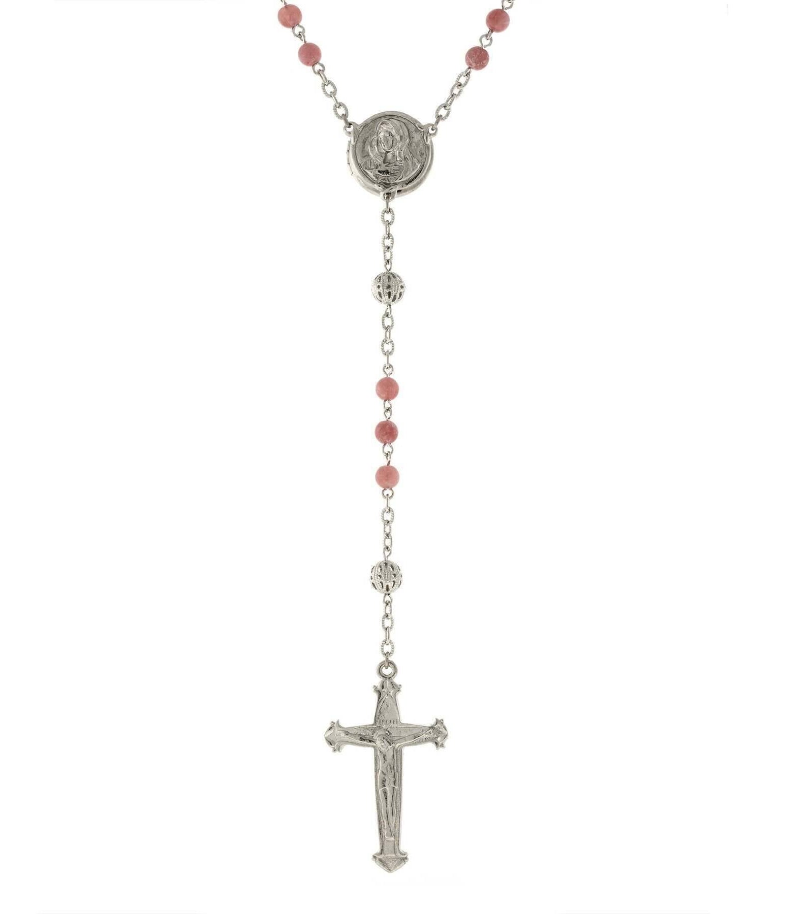 1928 Jewelry Beaded Crucifix With Mary Locket Necklace Rosary