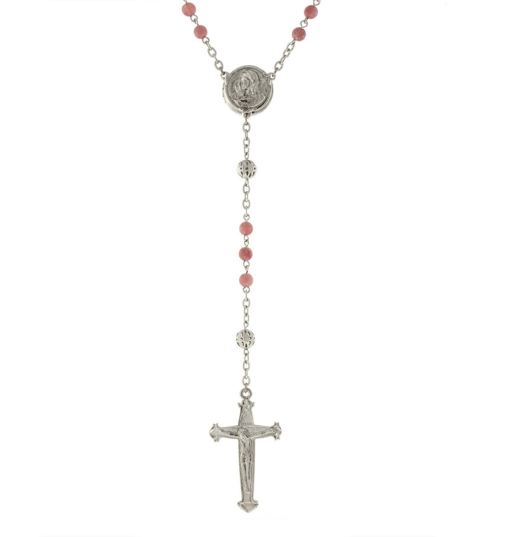 1928 Jewelry Beaded Crucifix With Mary Locket Necklace Rosary