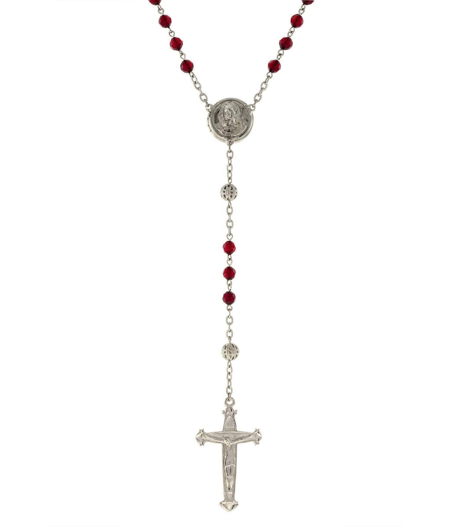 1928 Jewelry Beaded Crucifix With Mary Locket Necklace Rosary