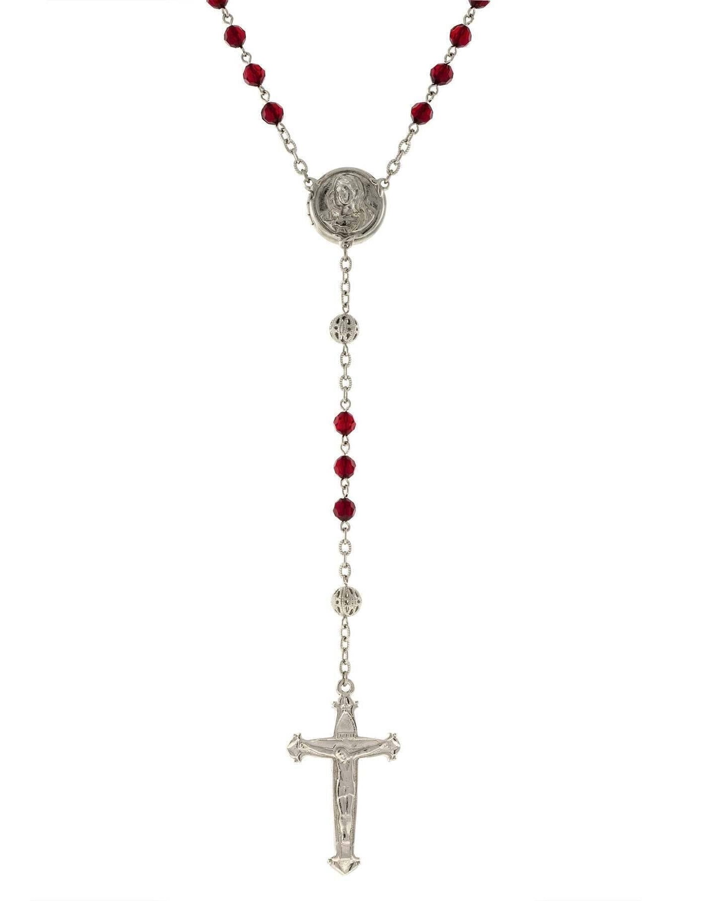 1928 Jewelry Beaded Crucifix With Mary Locket Necklace Rosary