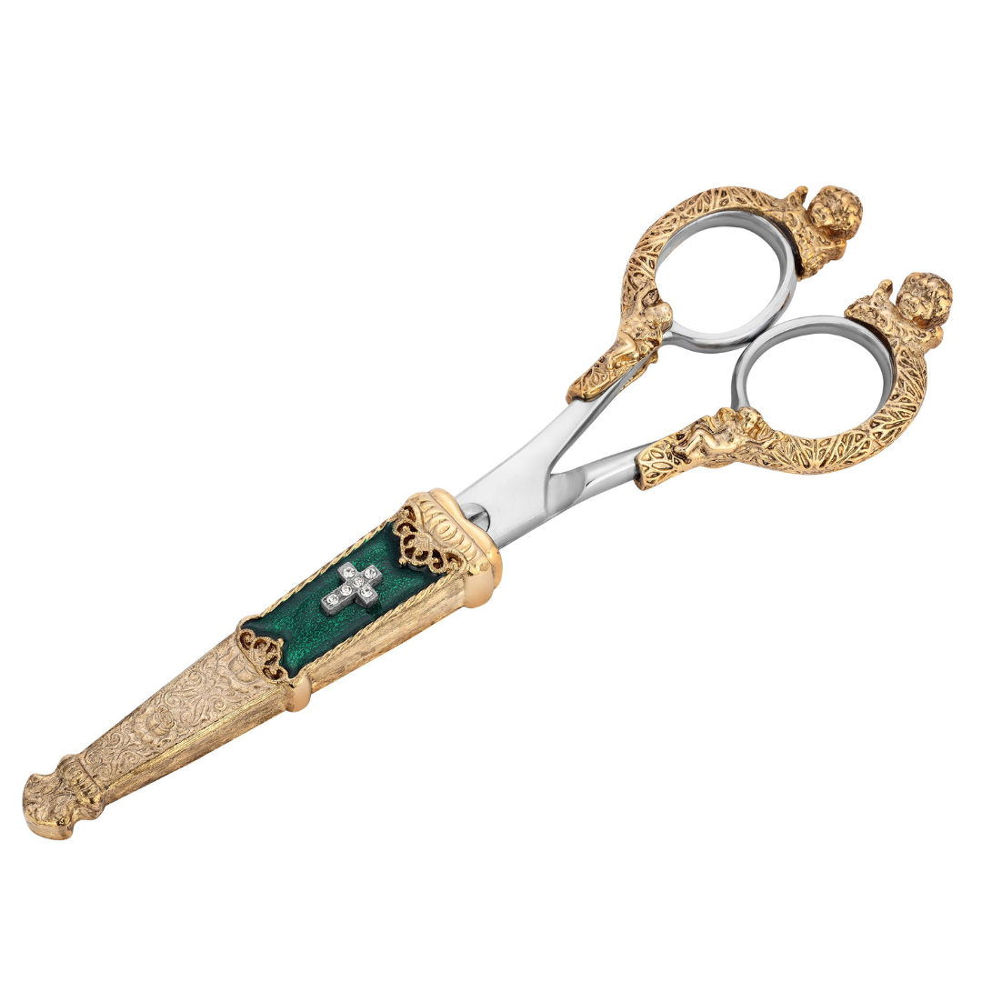 Crystal Cross Green Enamel Scissor Holder With Scissors
