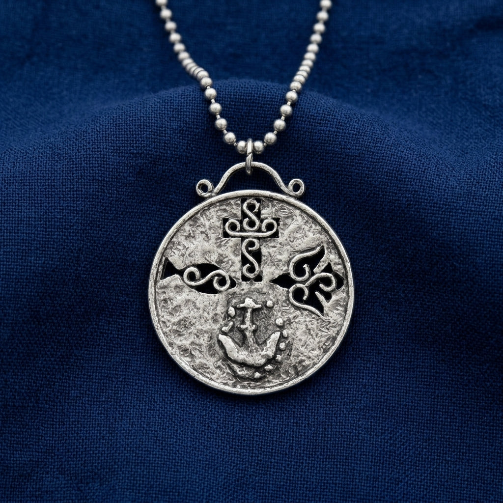 Silver pendant necklace with intricate religious design on a blue fabric background