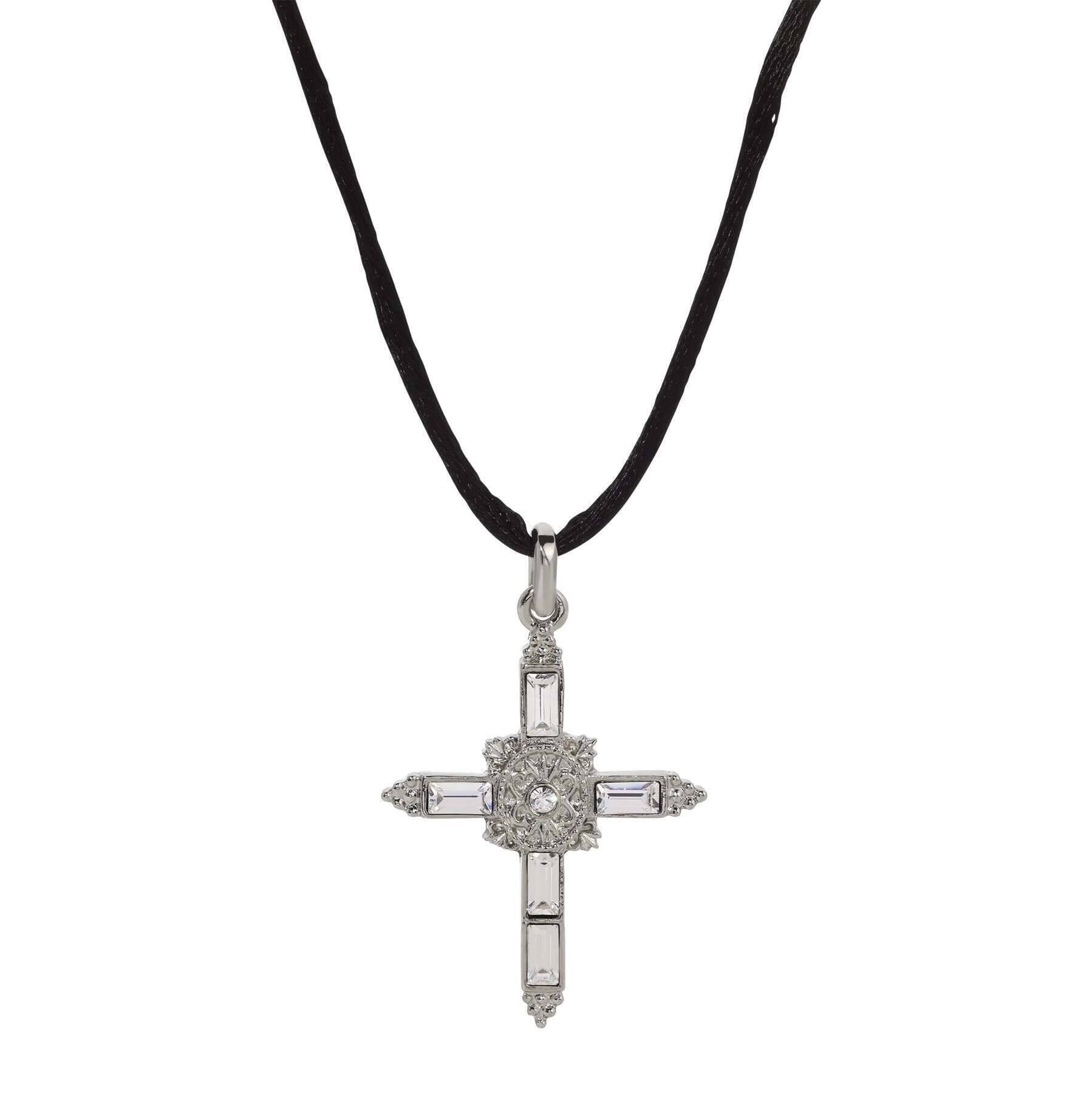 Symbols Of Faith Baguette Crystal Cross Pendant Black Satin Cord Necklace 14" + 5" Extender