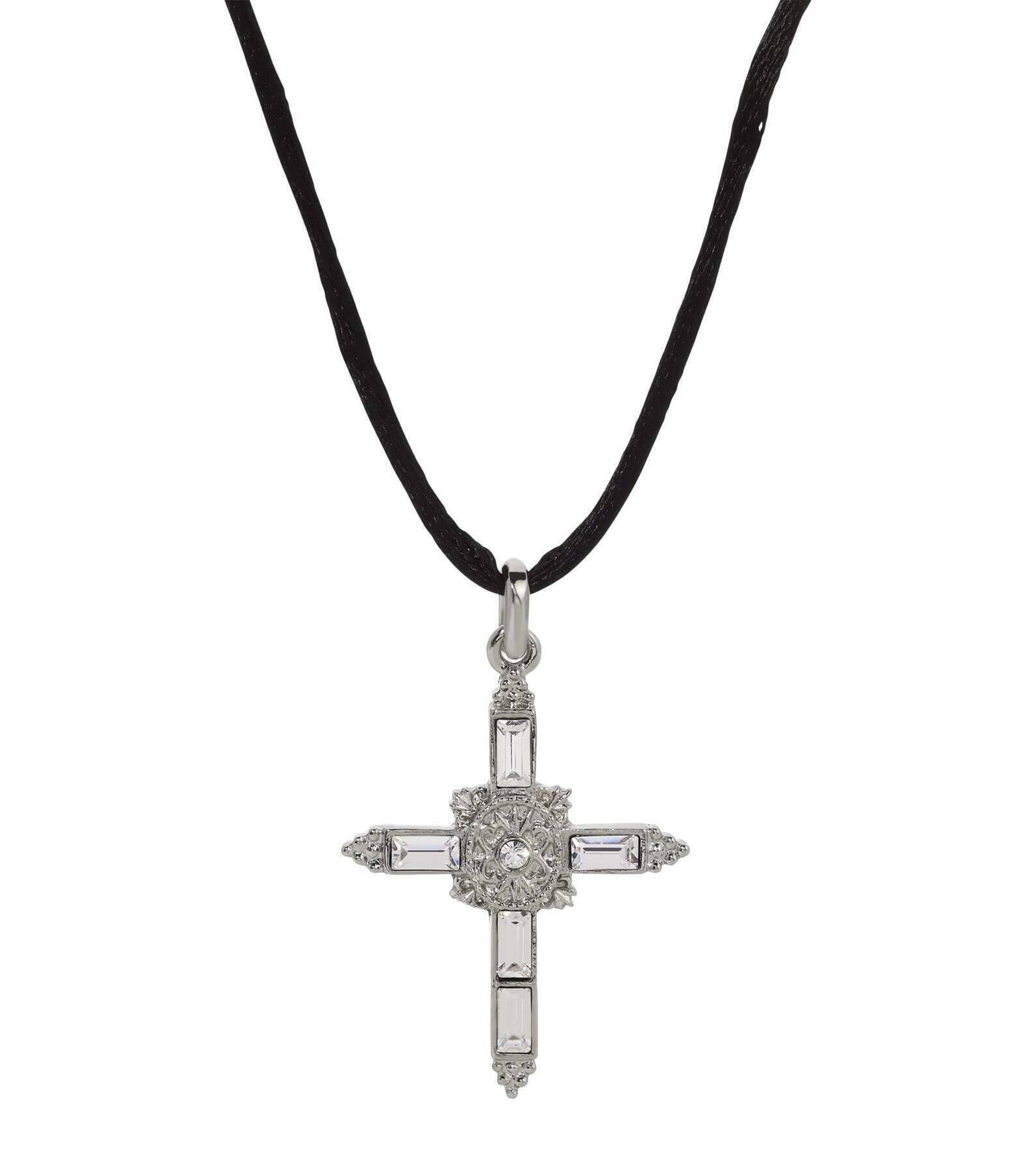 Symbols Of Faith Baguette Crystal Cross Pendant Black Satin Cord Necklace 14" + 5" Extender