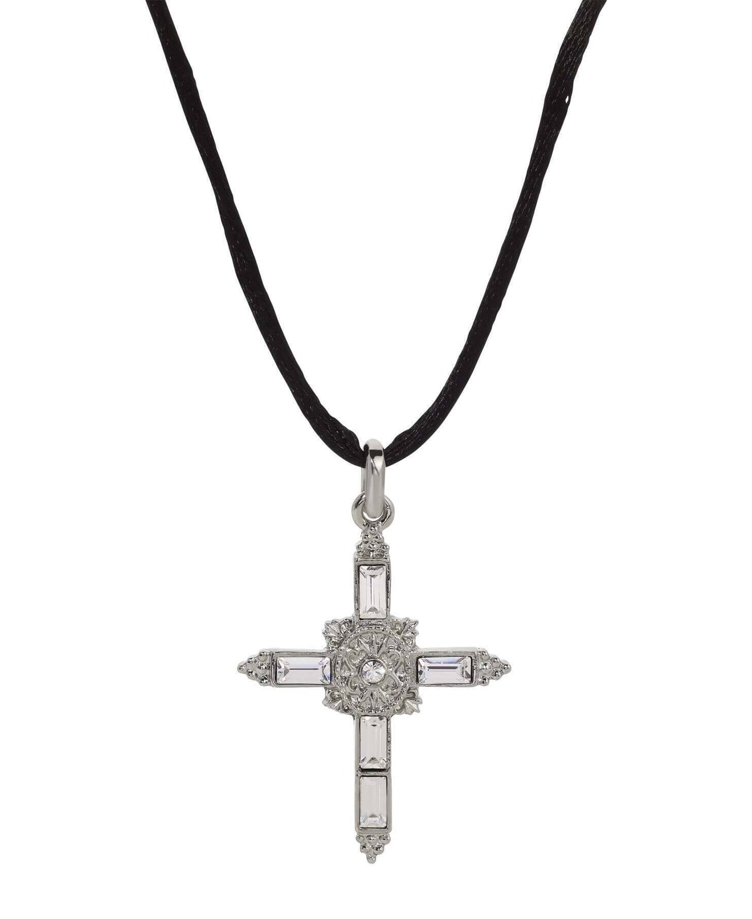 Symbols Of Faith Baguette Crystal Cross Pendant Black Satin Cord Necklace 14" + 5" Extender
