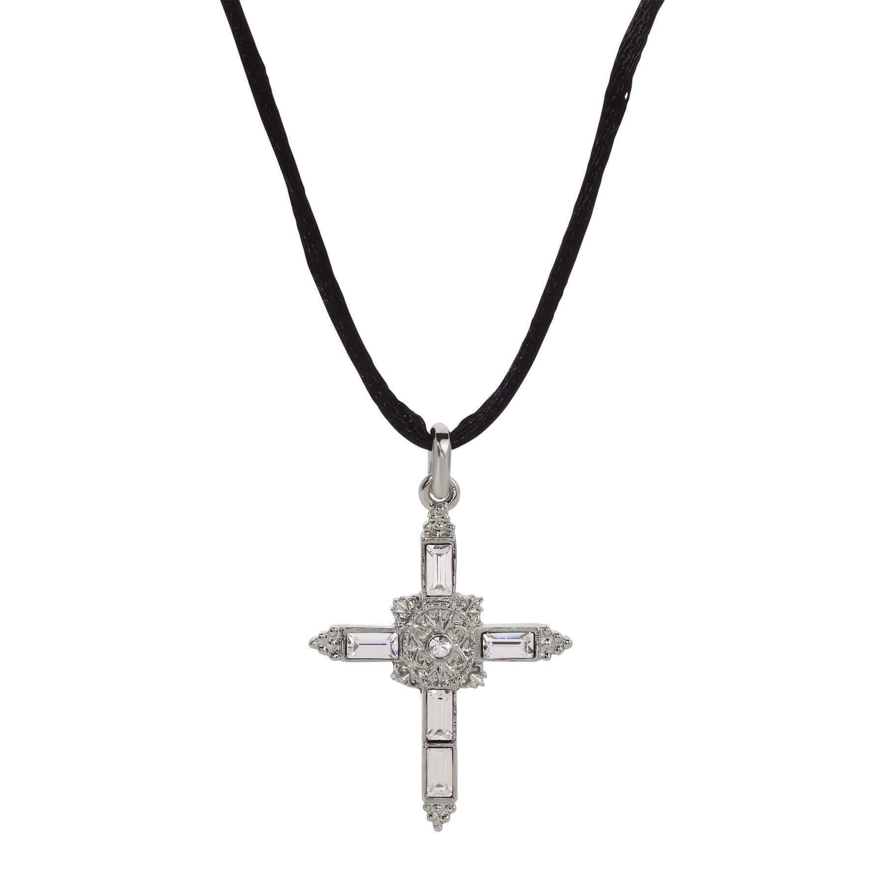 Symbols Of Faith Baguette Crystal Cross Pendant Black Satin Cord Necklace 14" + 5" Extender